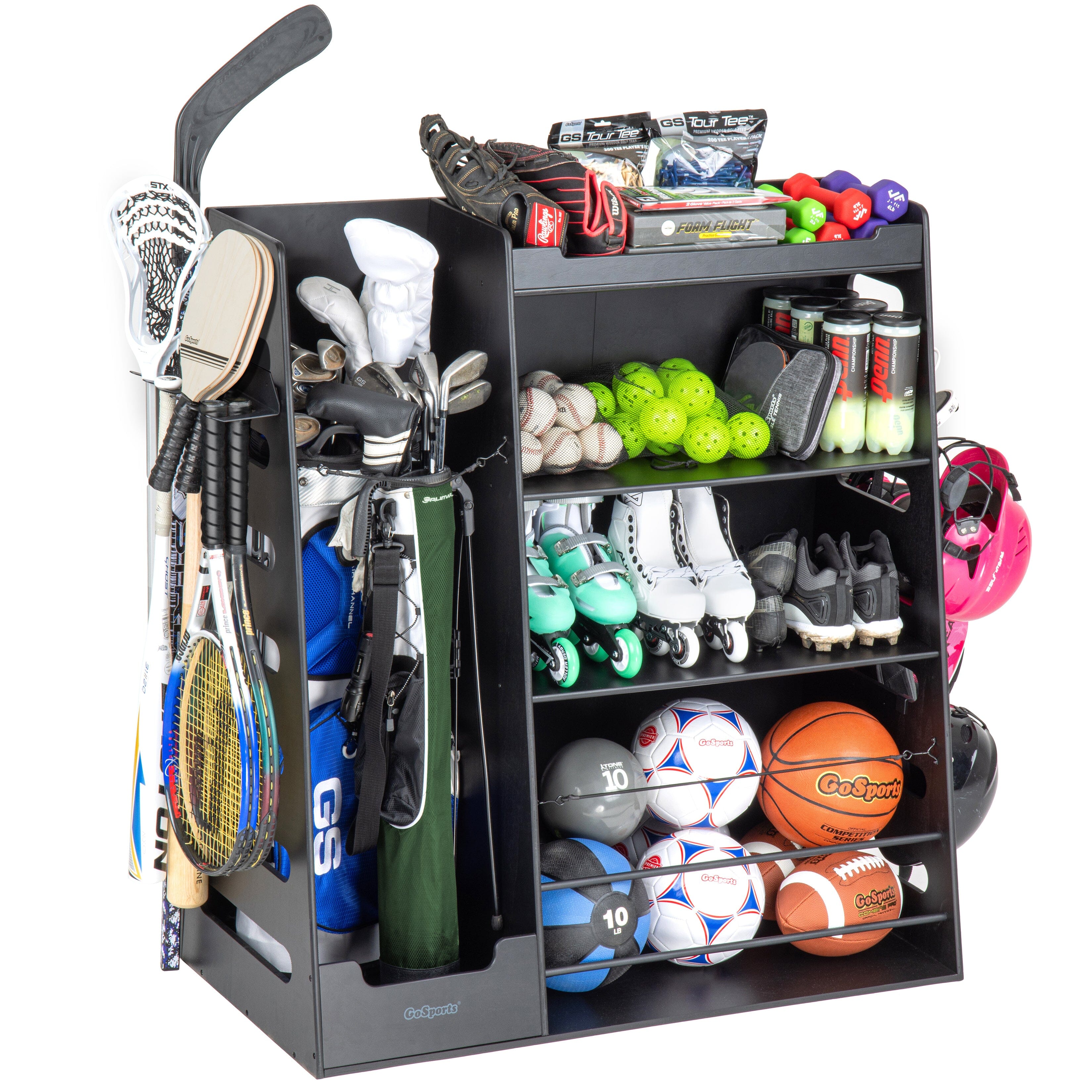 a black box with a bunch of sports equipment