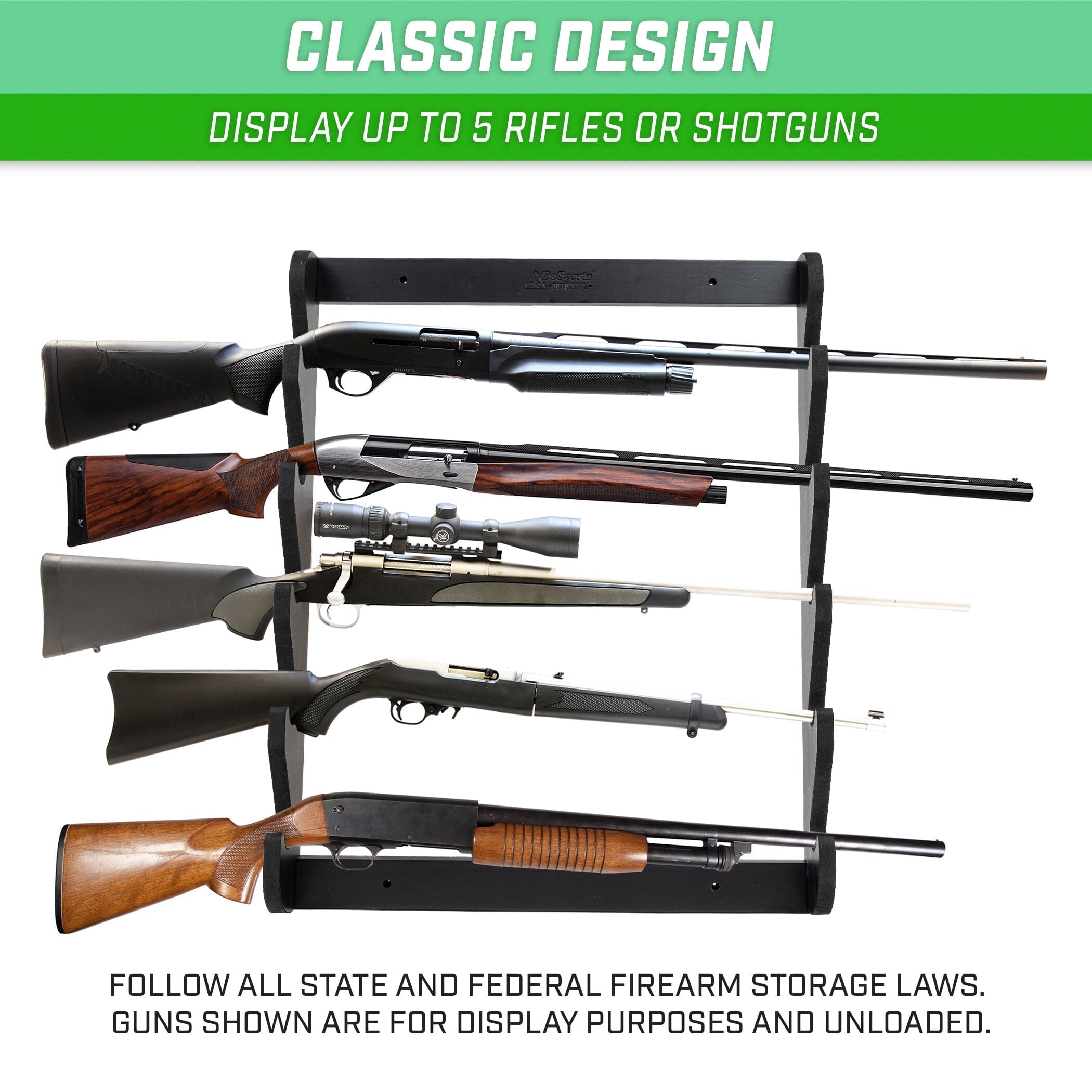 GoSports Outdoors Wall Mounted Firearm Display Rack with Premium Black Painted Pine - Holds 5 Rifles or Shotguns GoSports Outdoors 