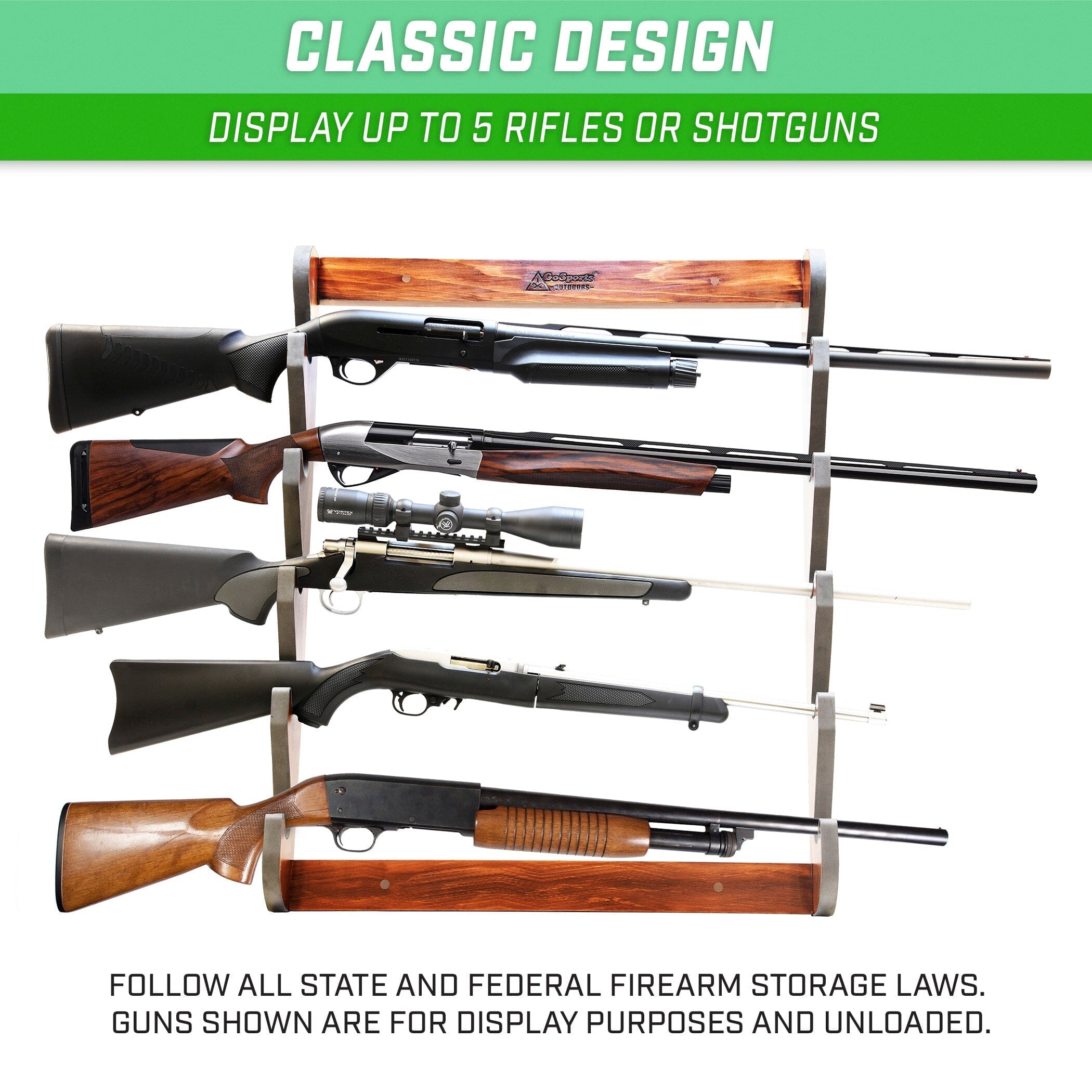 GoSports Outdoors Wall Mounted Firearm Display Rack with Premium Wood Stain - Holds 5 Rifles or Shotguns GoSportsOutdoors.com 