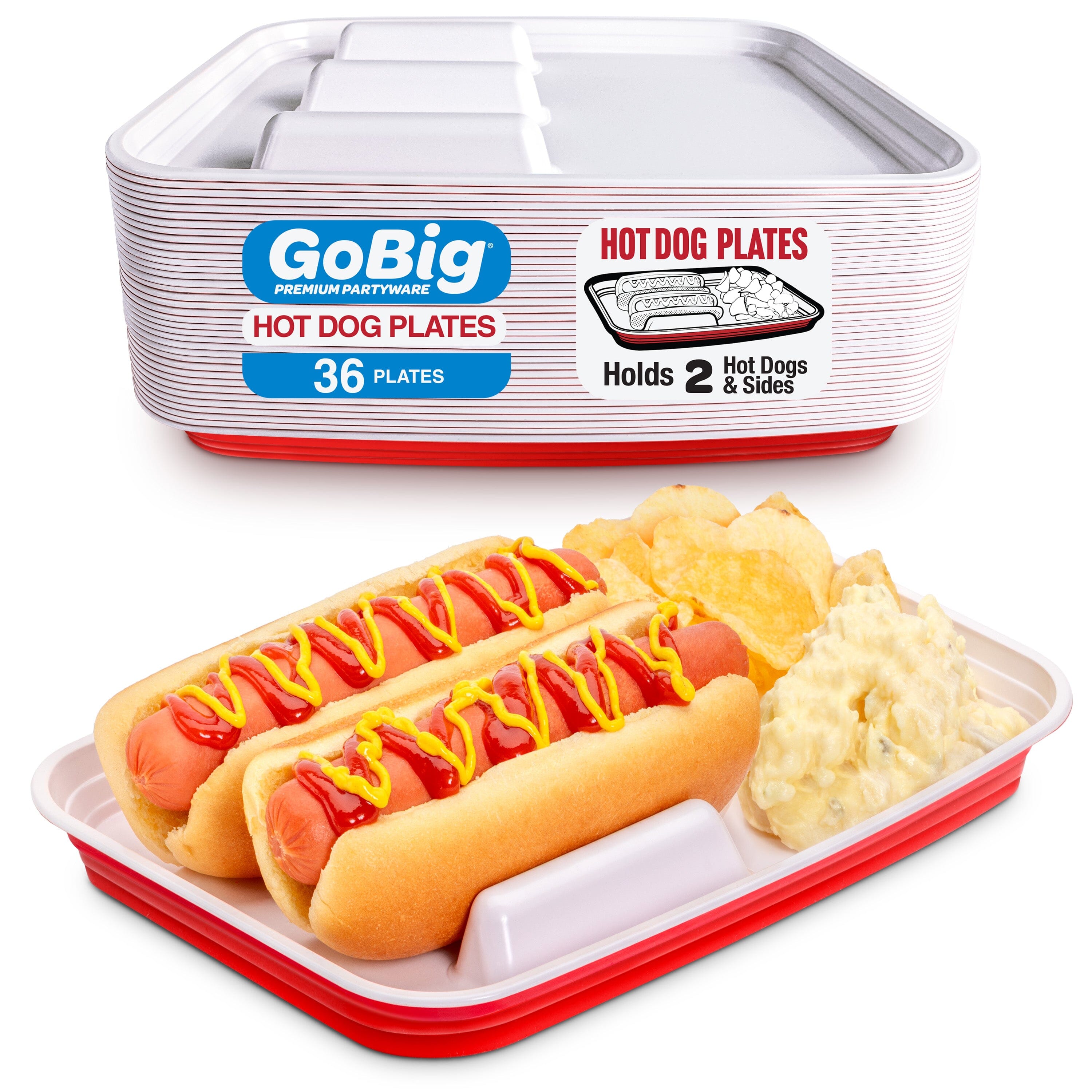 GoBig Hot Dog Food Trays with Dividers - 36 Pack Disposable Red Party Cup Hot Dog Plates for Parties, BBQs, & More Playgosports.com 