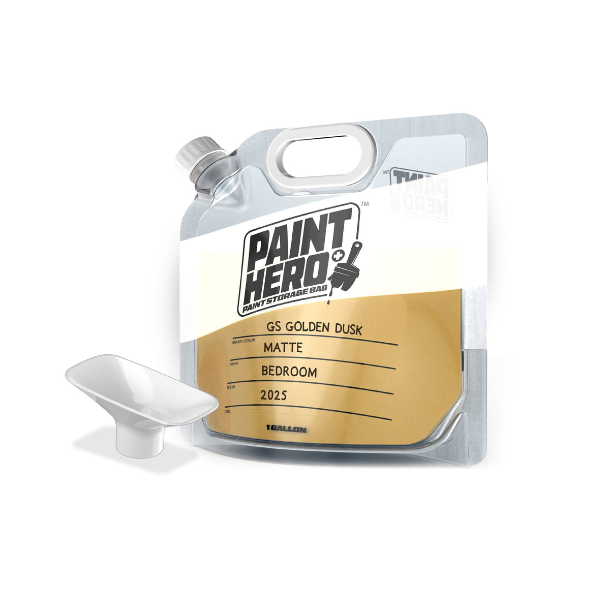 Practical Hero 1 gal paint storage bag filled with gold paint, labeled GS Golden Dusk, with a white pour funnel