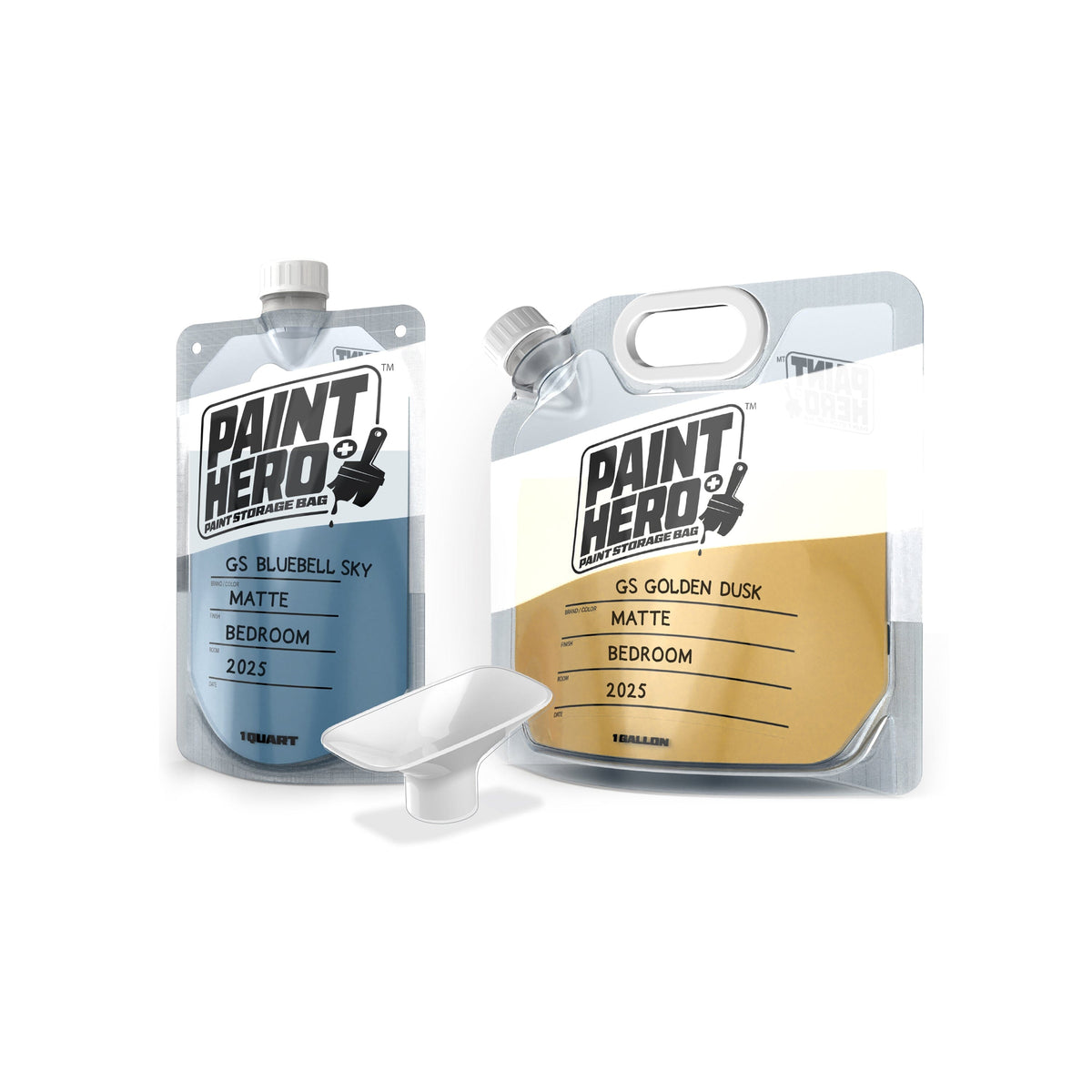 Practical Hero paint storage bags, 1 quart blue pouch & 1 gallon gold jug labeled by color, finish & room, plus funnel