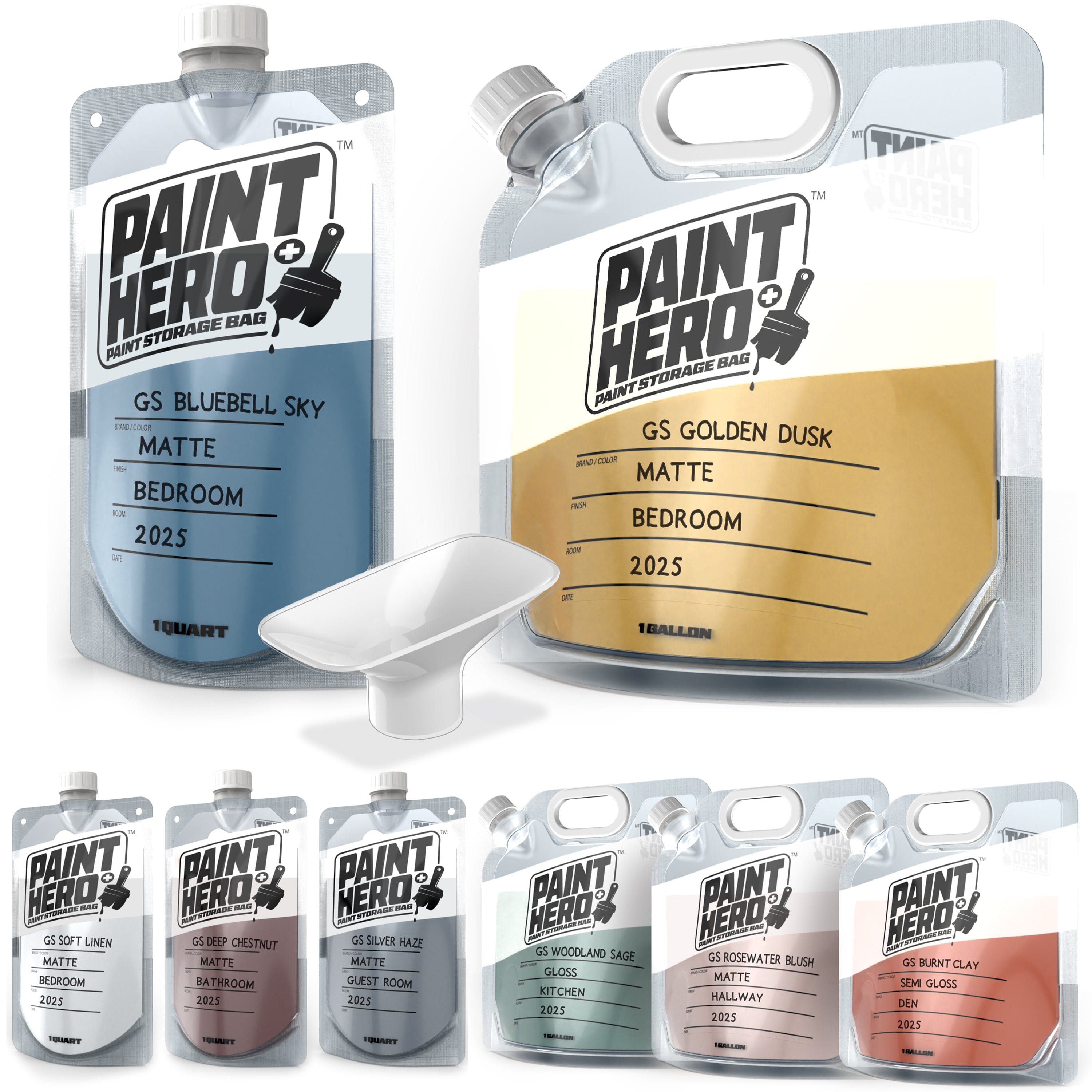 Paint Hero 8 Pack Paint Storage Bags - Airtight Refillable Quart and Gallon Pouches with Funnel Playgosports.com 