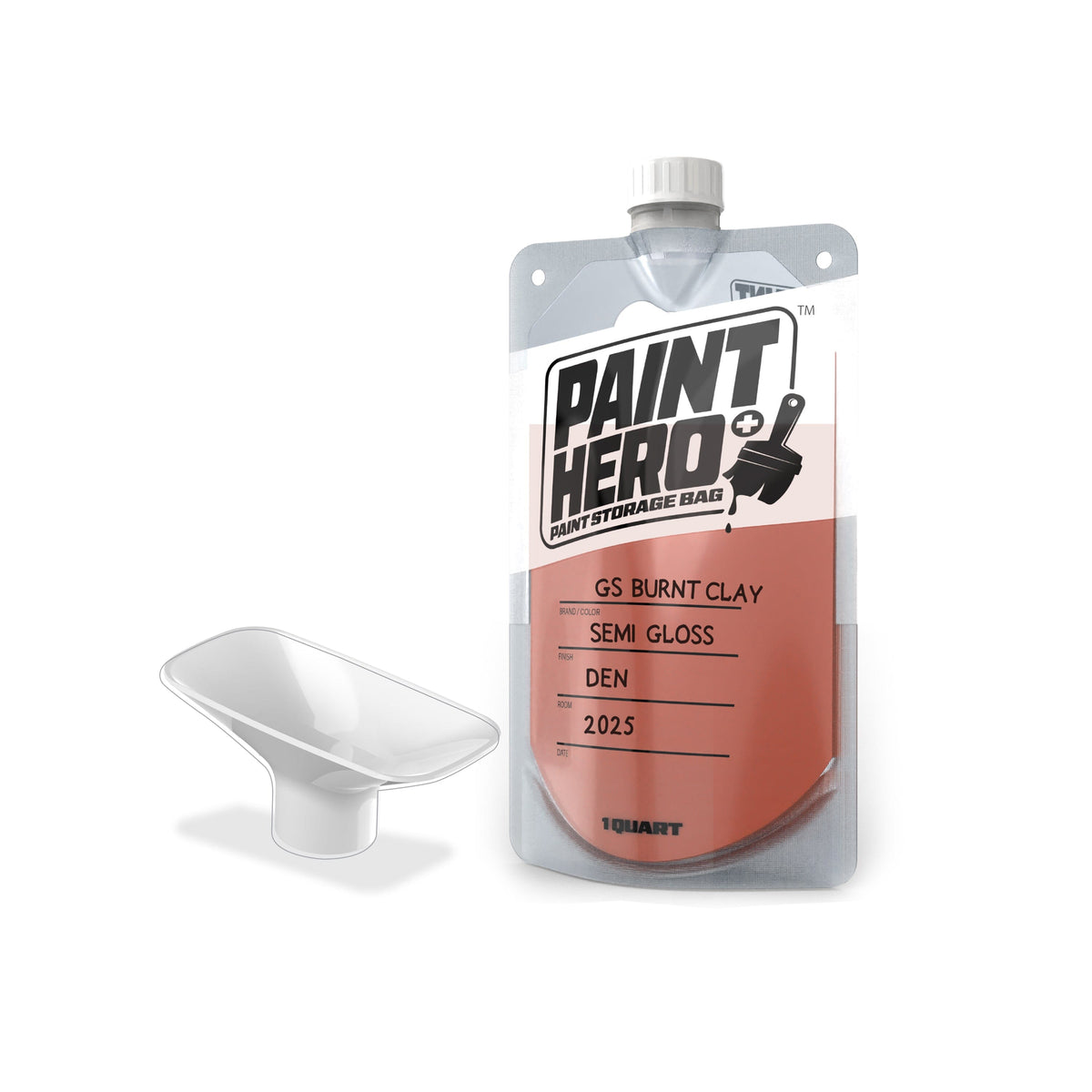 Practical Hero Paint Hero 1 qt paint storage bag filled with burnt clay paint, labeled lid area & clear funnel beside it