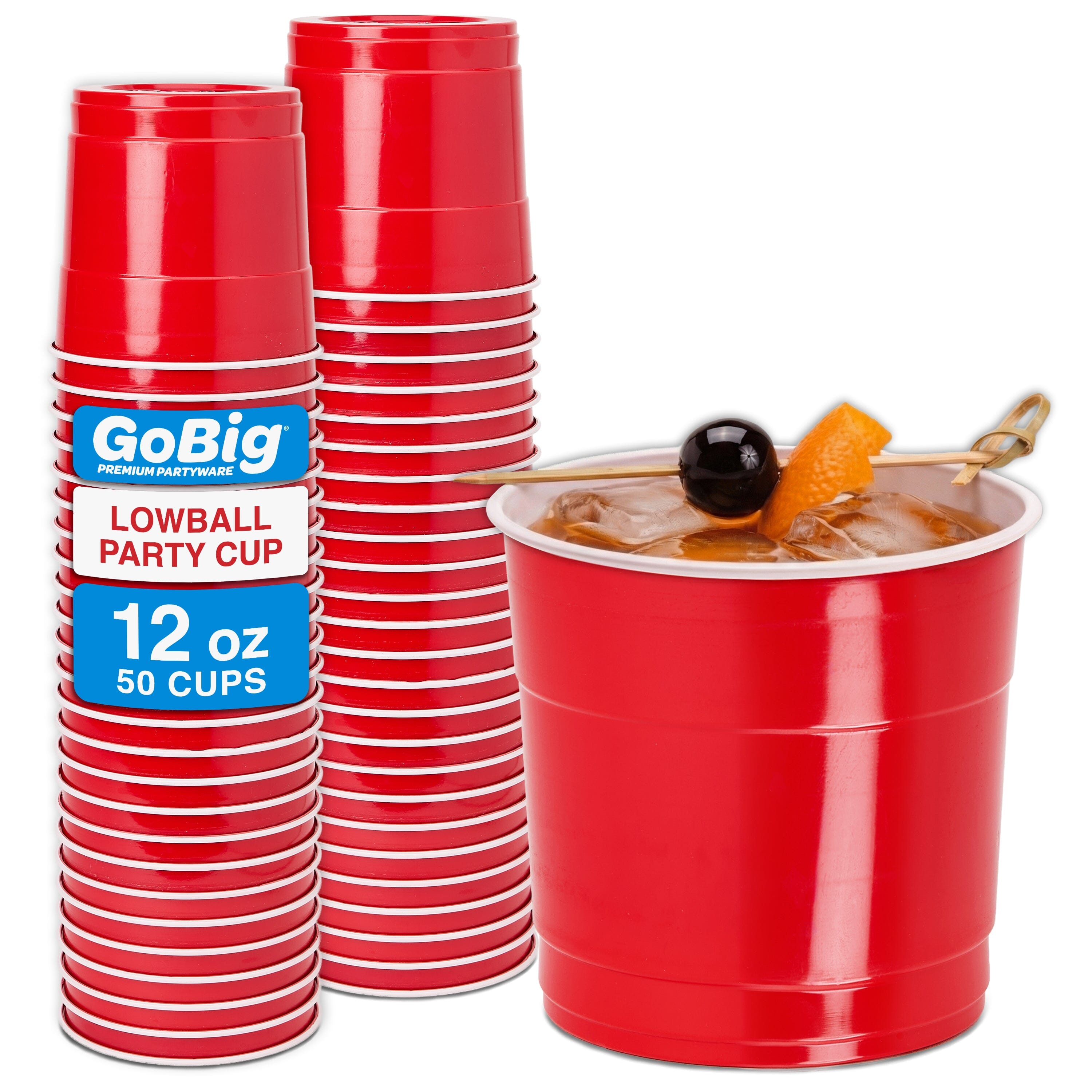 GoBig 12 oz Lowball Plastic Party Cups for Whiskey, Spirits, & Cocktails - 50 Count Disposable Cups for Alcohol Playgosports.com 