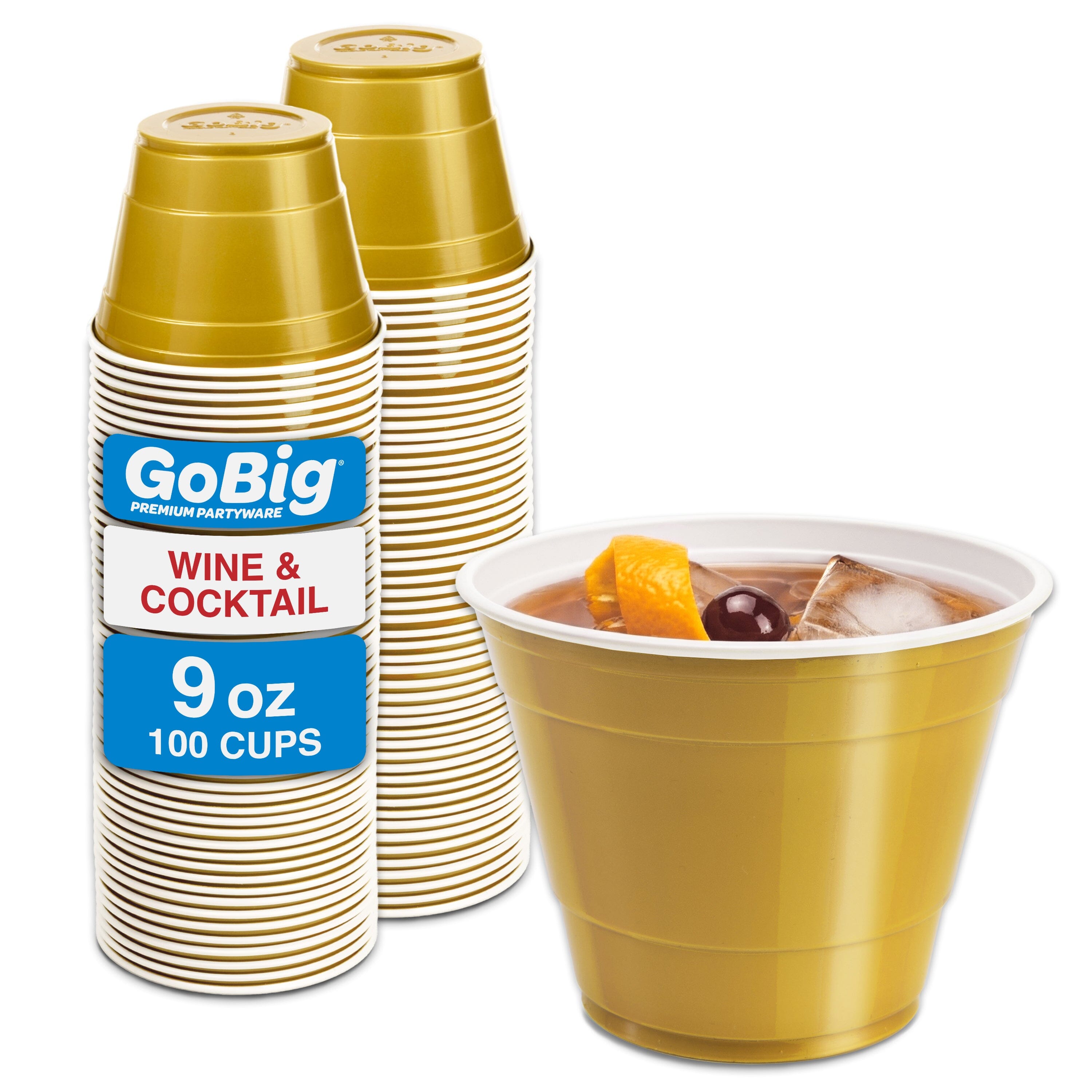 GoBig 100 Count 9 oz Plastic Party Cups for Wine & Cocktails - Disposable Plastic Cups for Bridal Shower, Party, and Birthday Playgosports.com Gold 
