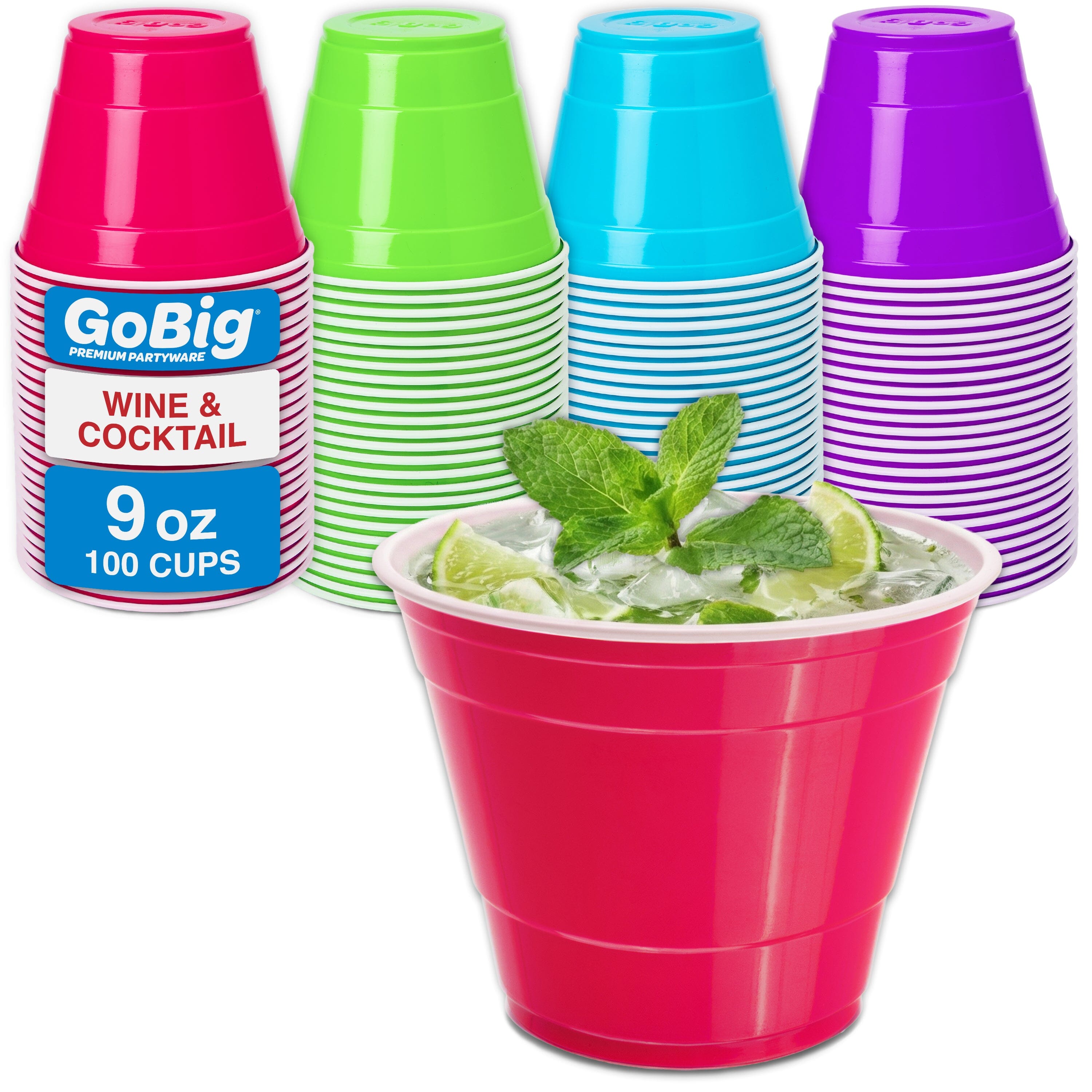 GoBig 100 Count 9 oz Plastic Party Cups for Wine & Cocktails - Disposable Plastic Cups for Bridal Shower, Party, and Birthday Playgosports.com Multi 