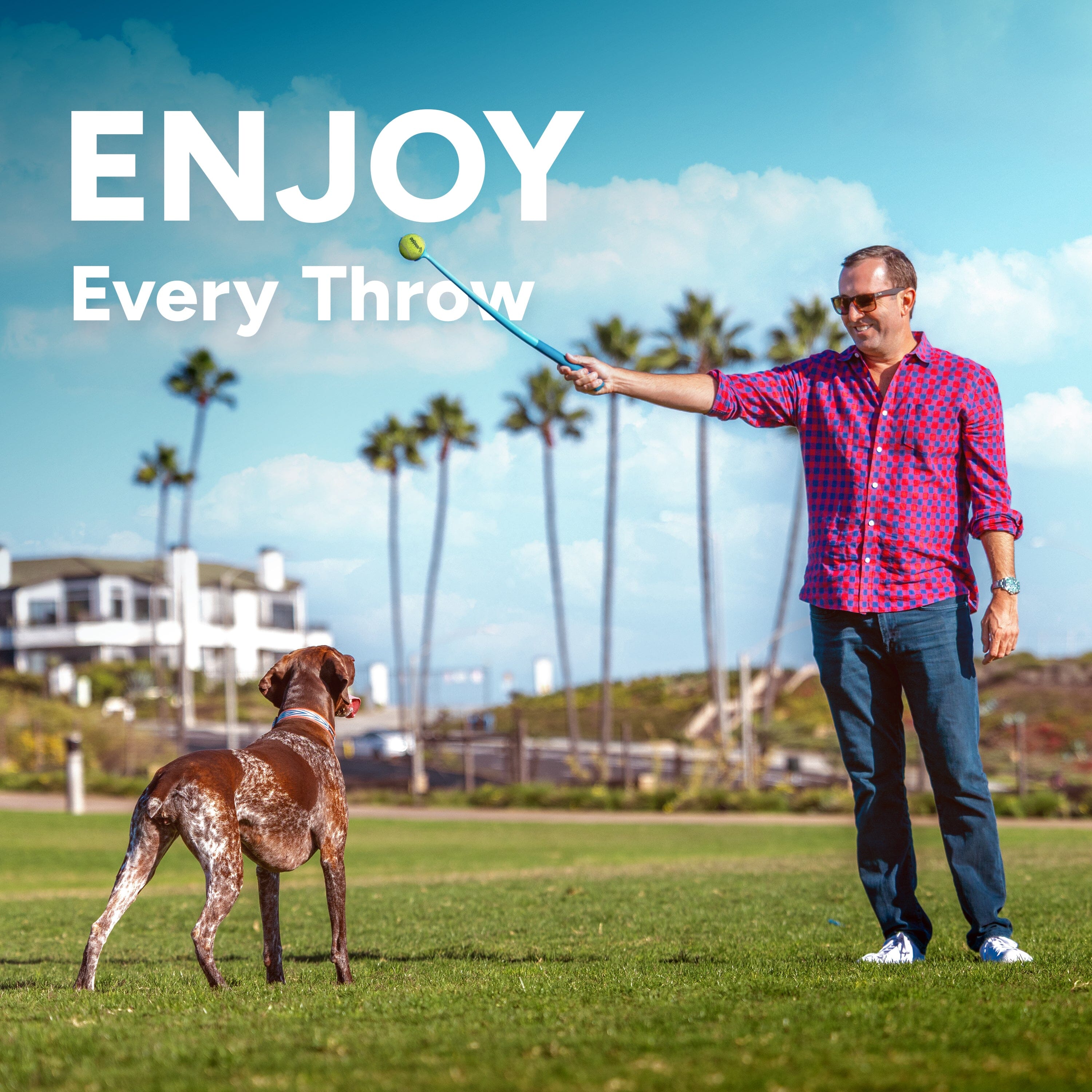 GoSports Pets Dog Ball Launcher - Ergonomic Tennis Ball Thrower for Dogs 20+ lbs - Includes Tosser and (2) 2.5 Inch Balls for Fetch Playgosports.com 