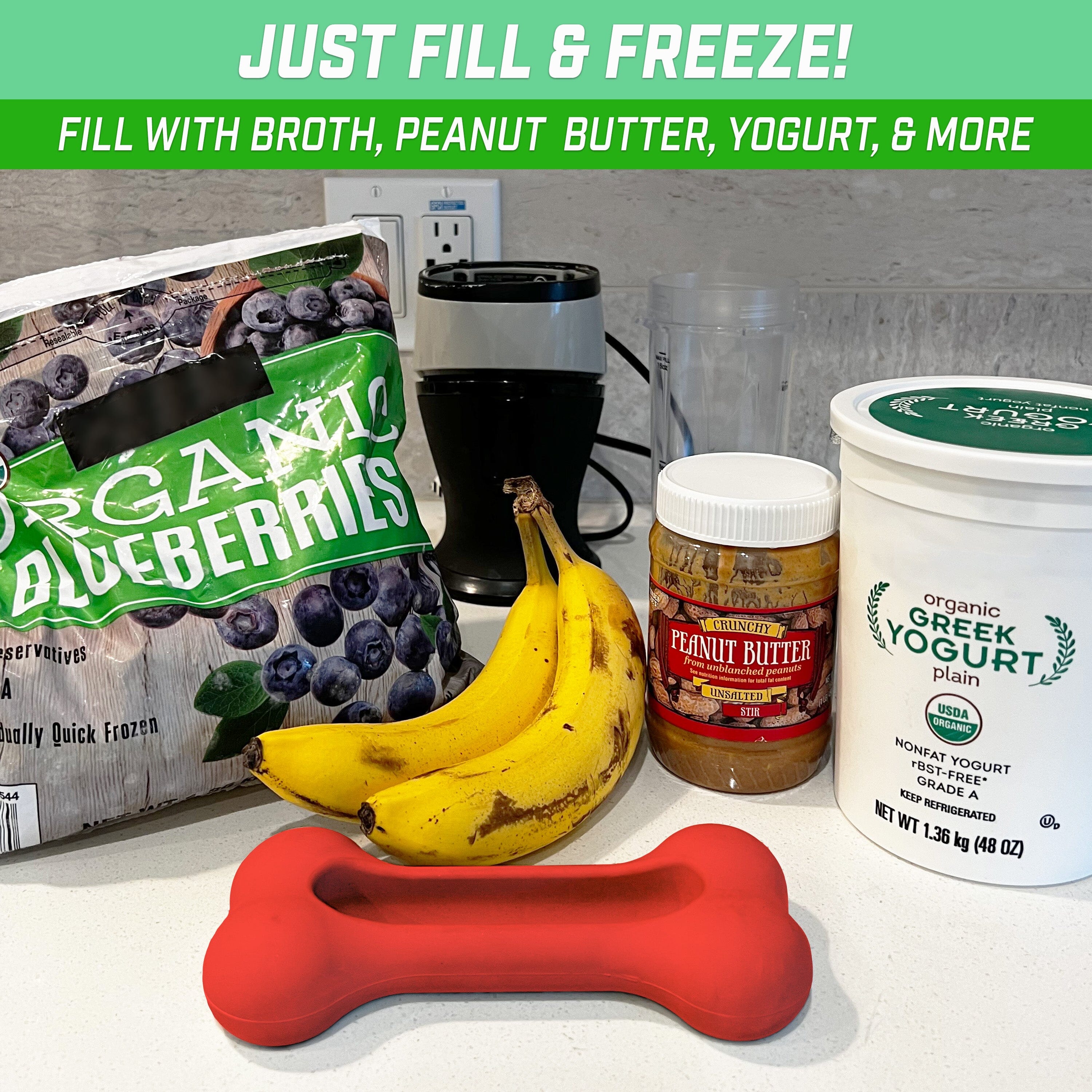 dog toy on table with blueberries peanut butter greek yogurt bananas