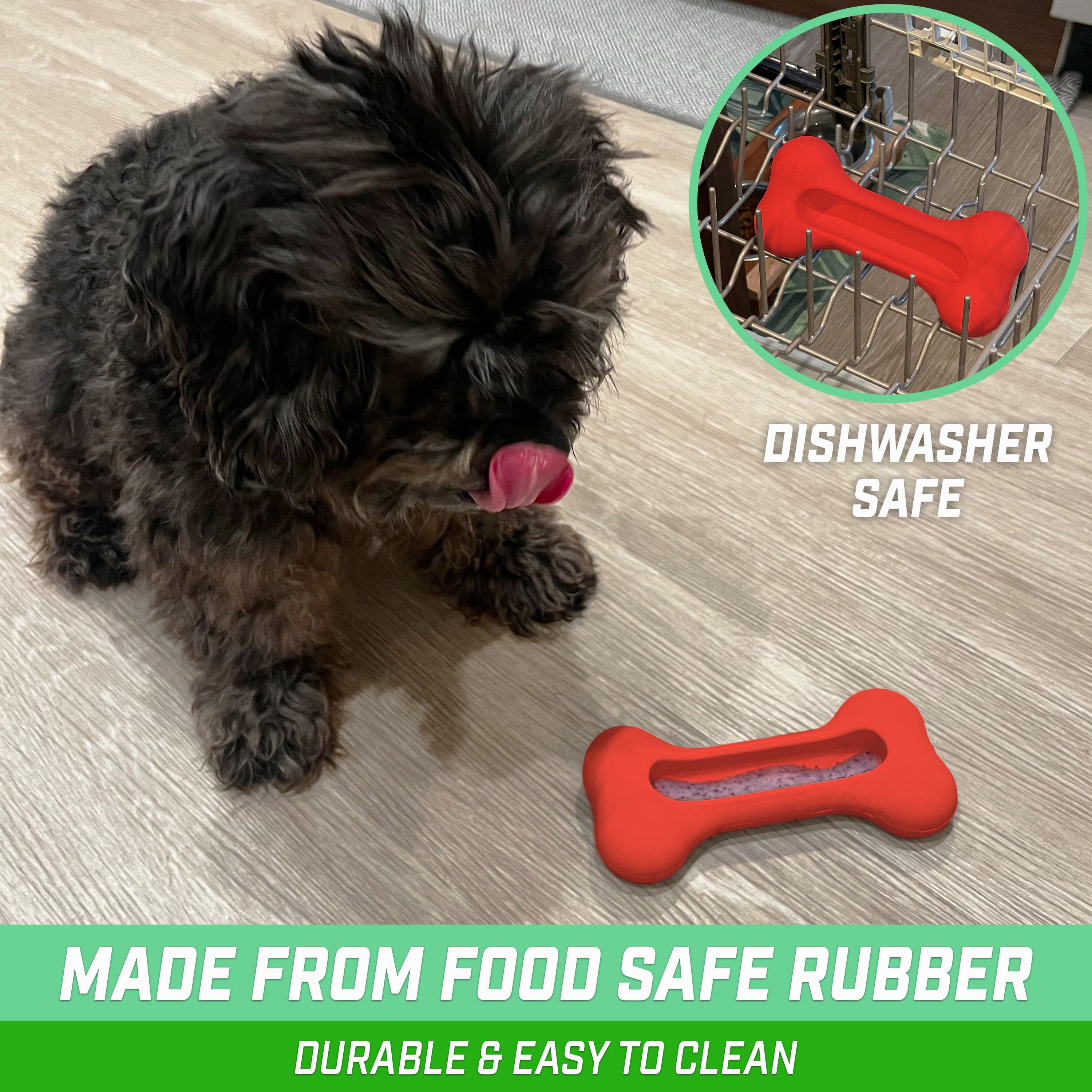 a dog is sitting on the floor with a toy dishwasher safe