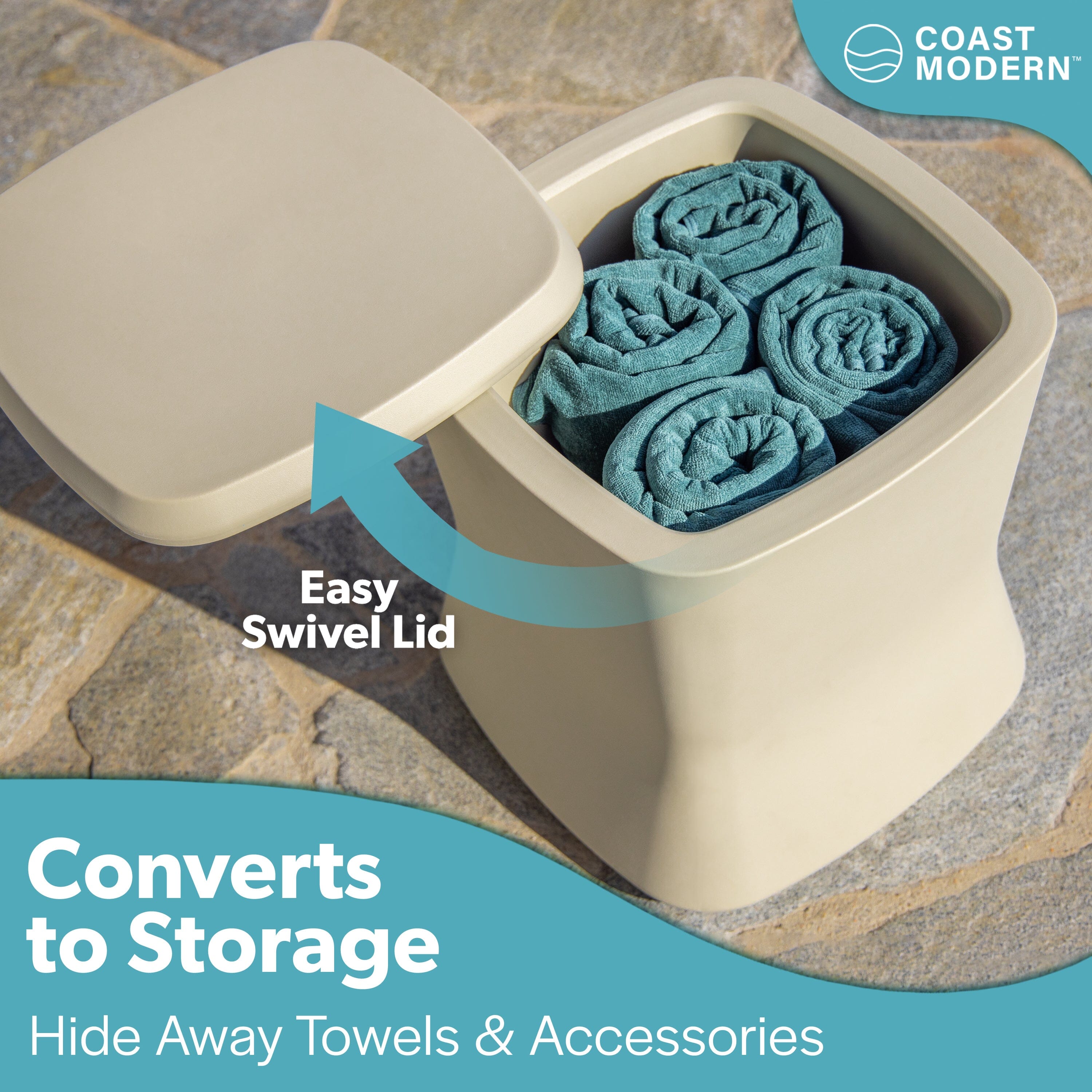 Coast Modern Outdoor Side Table Cooler - 2 in 1 Patio Decor Storage Table & Ice Chest - 25 QT - Sand Playgosports.com 