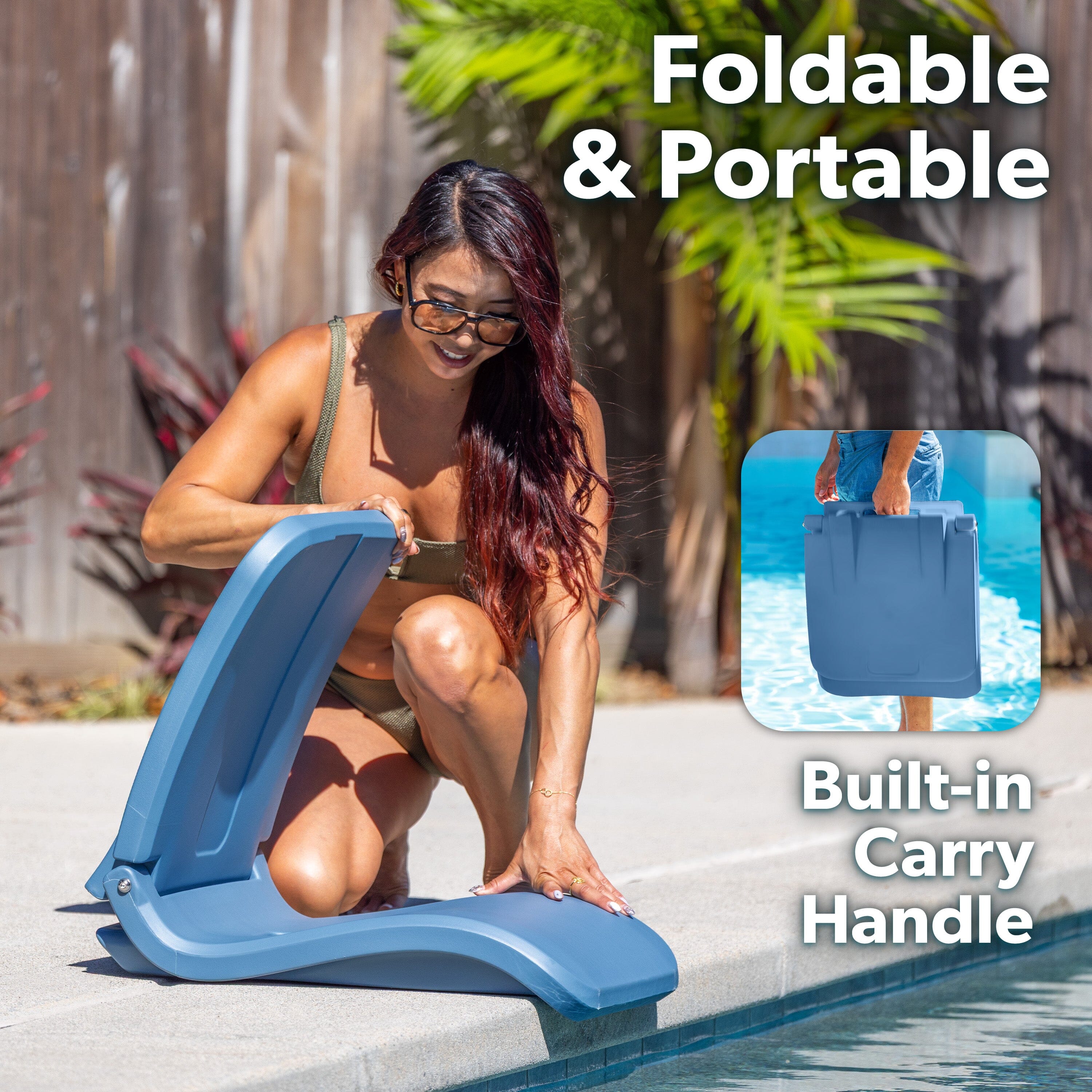 Coast Modern Portable Poolside Chair – Adult Foldable Flip Chair for Pool, Beach, Tailgating & Stadium – Durable Plastic with Back Support - Stone Blue Playgosports.com 
