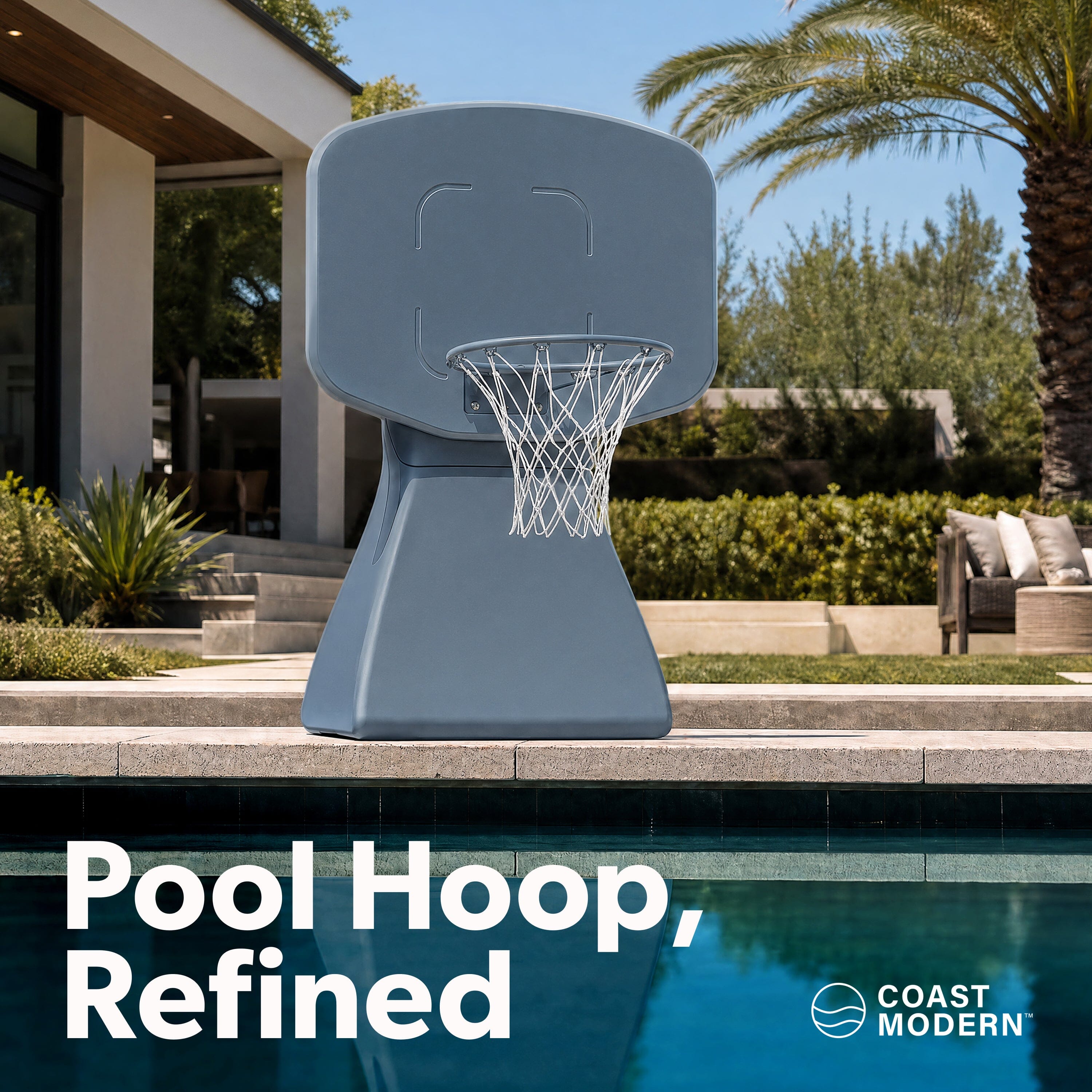 Coast Modern Poolside Basketball Hoop with Wheels - Premium Outdoor Pool Basketball Hoop with 2 Swimming Pool Basketballs and Ball Pump - White Playgosports.com 