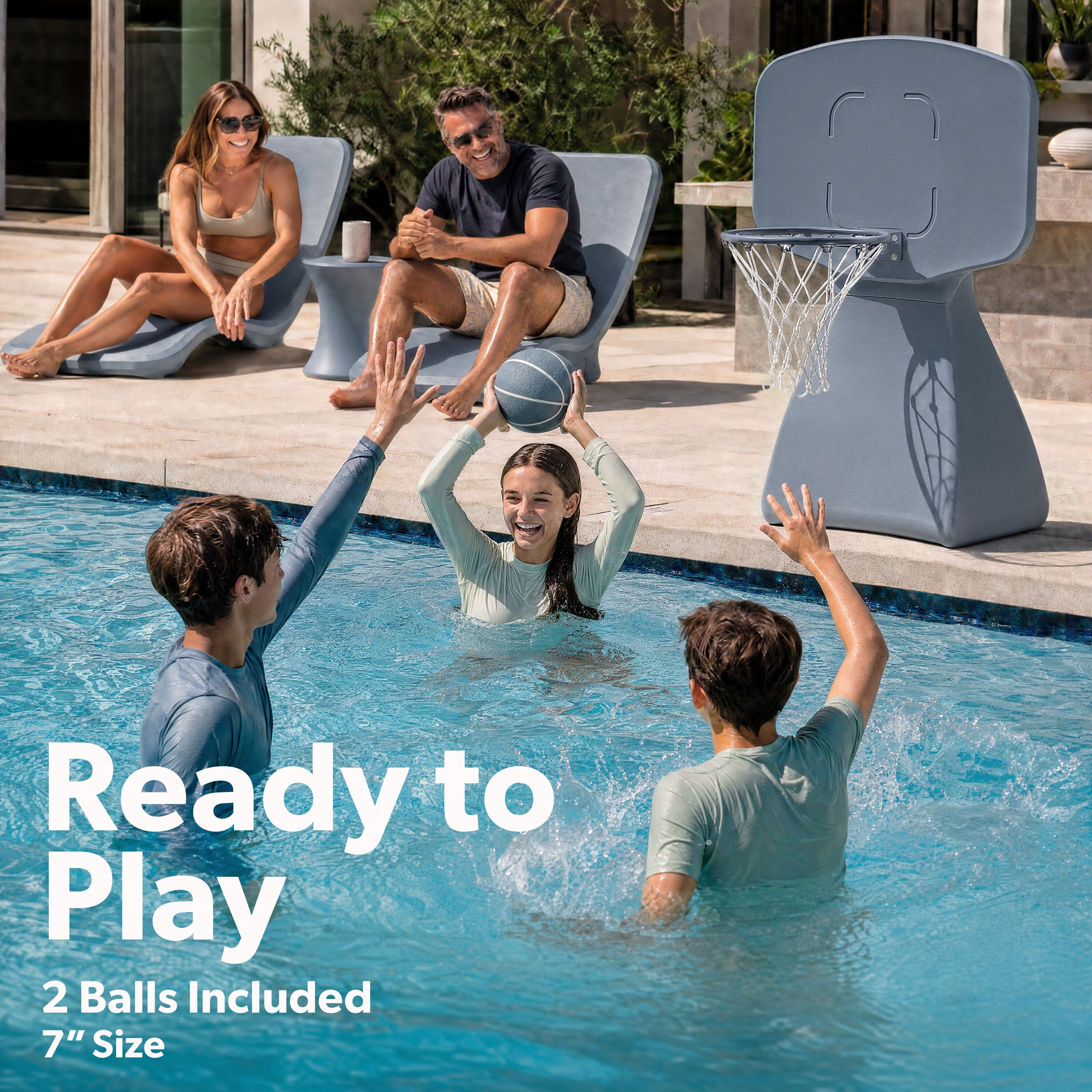 Coast Modern Poolside Basketball Hoop with Wheels - Premium Outdoor Pool Basketball Hoop with 2 Swimming Pool Basketballs and Ball Pump - White Playgosports.com 