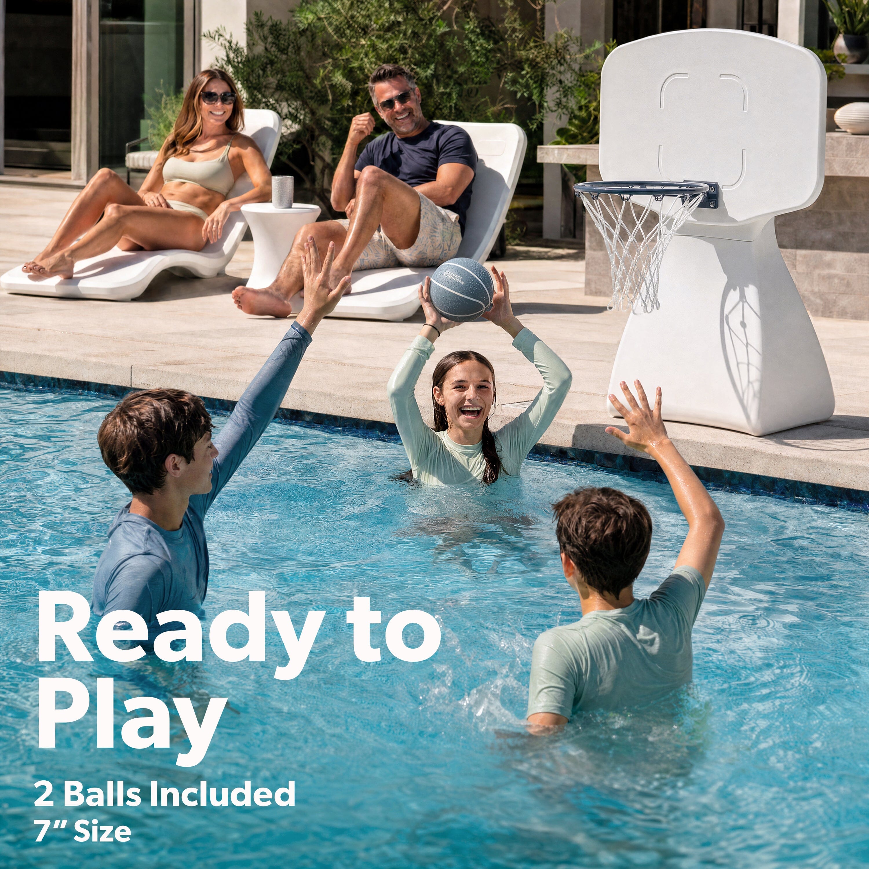 Coast Modern Poolside Basketball Hoop with Wheels - Premium Outdoor Pool Basketball Hoop with 2 Swimming Pool Basketballs and Ball Pump - White Playgosports.com 