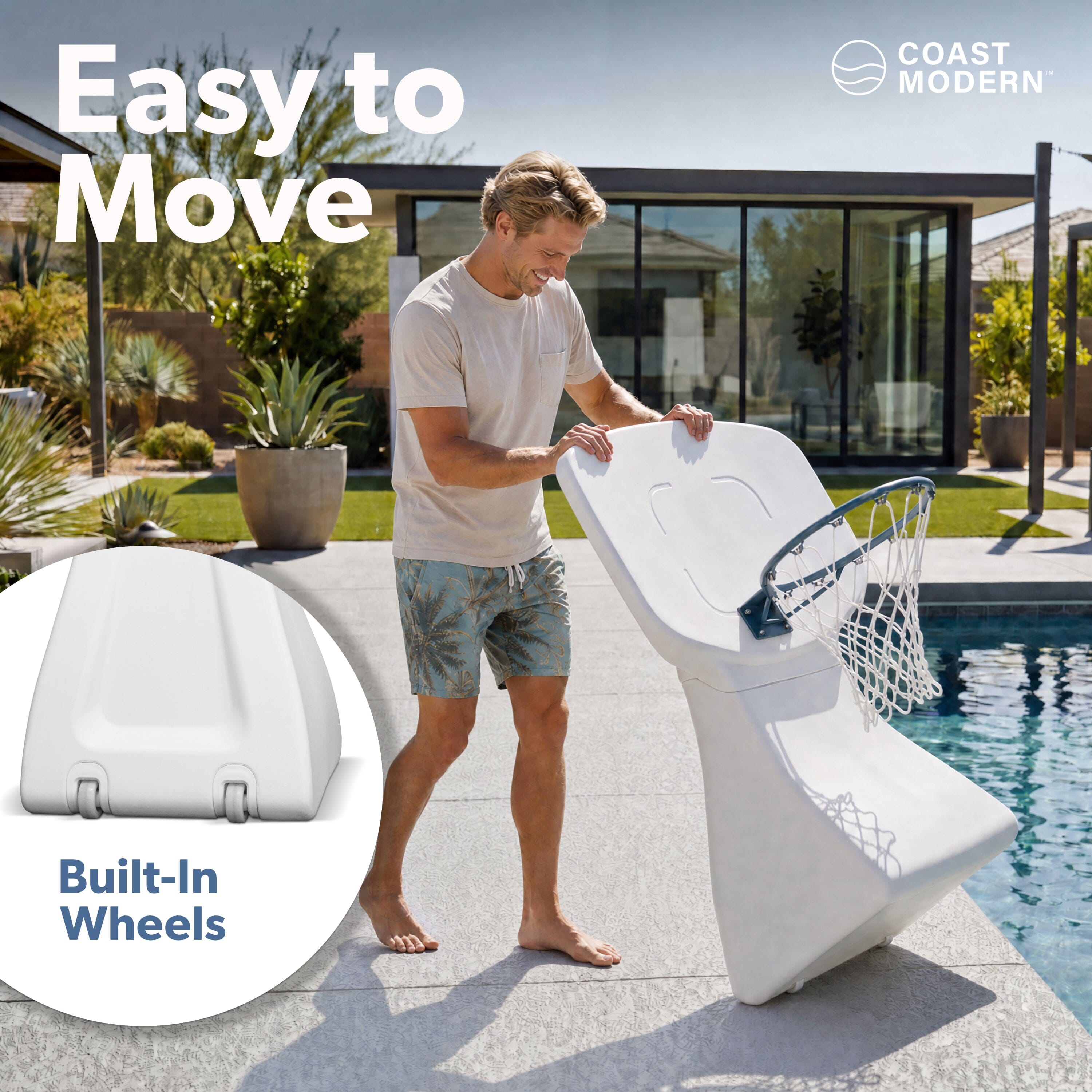 Coast Modern Poolside Basketball Hoop with Wheels - Premium Outdoor Pool Basketball Hoop with 2 Swimming Pool Basketballs and Ball Pump - White Playgosports.com 
