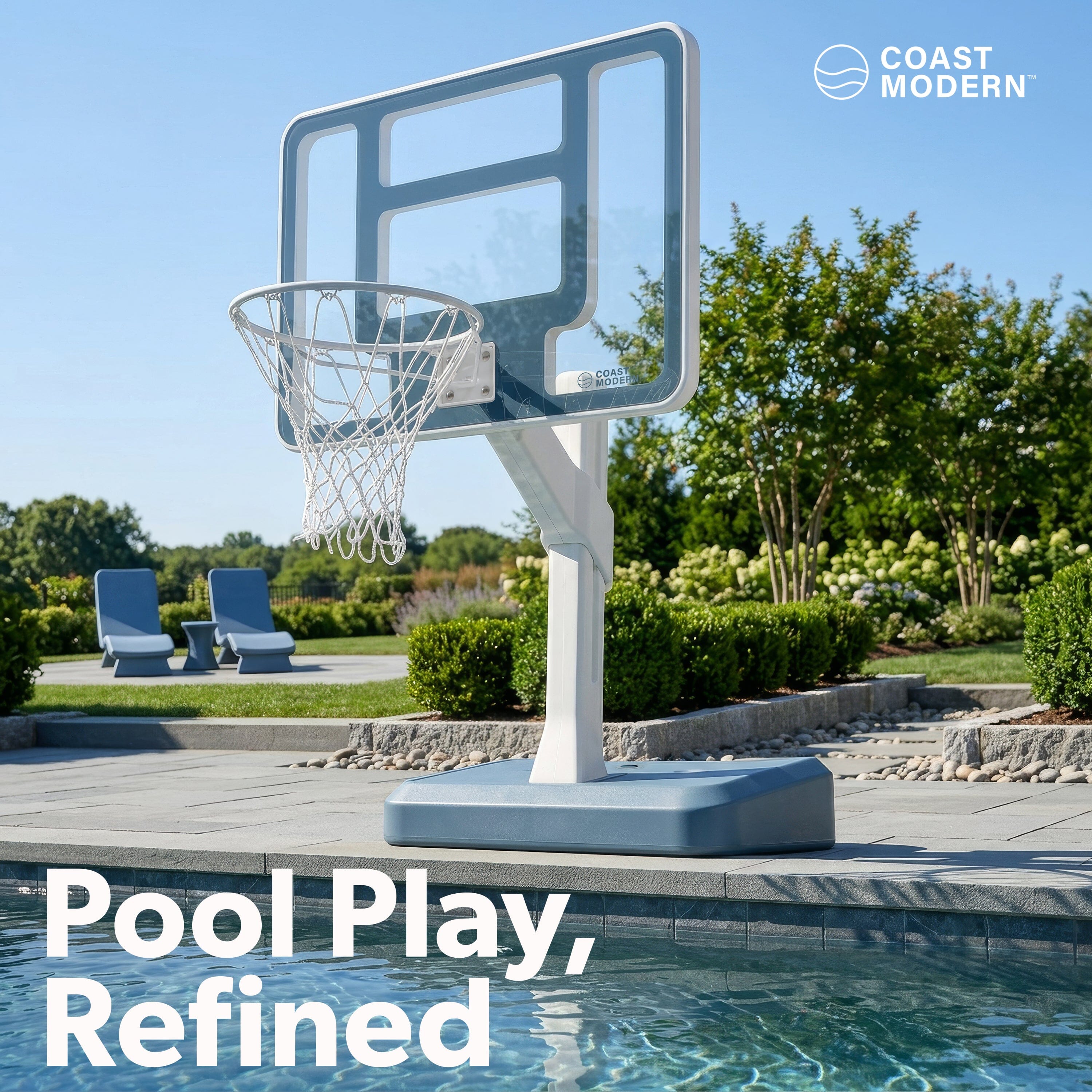 Coast Modern Pool Basketball Hoop with Adjustable Height - Poolside Basketball Hoop with Weighted Base, Premium Acrylic Backboard, & 18" Steel Rim Playgosports.com 