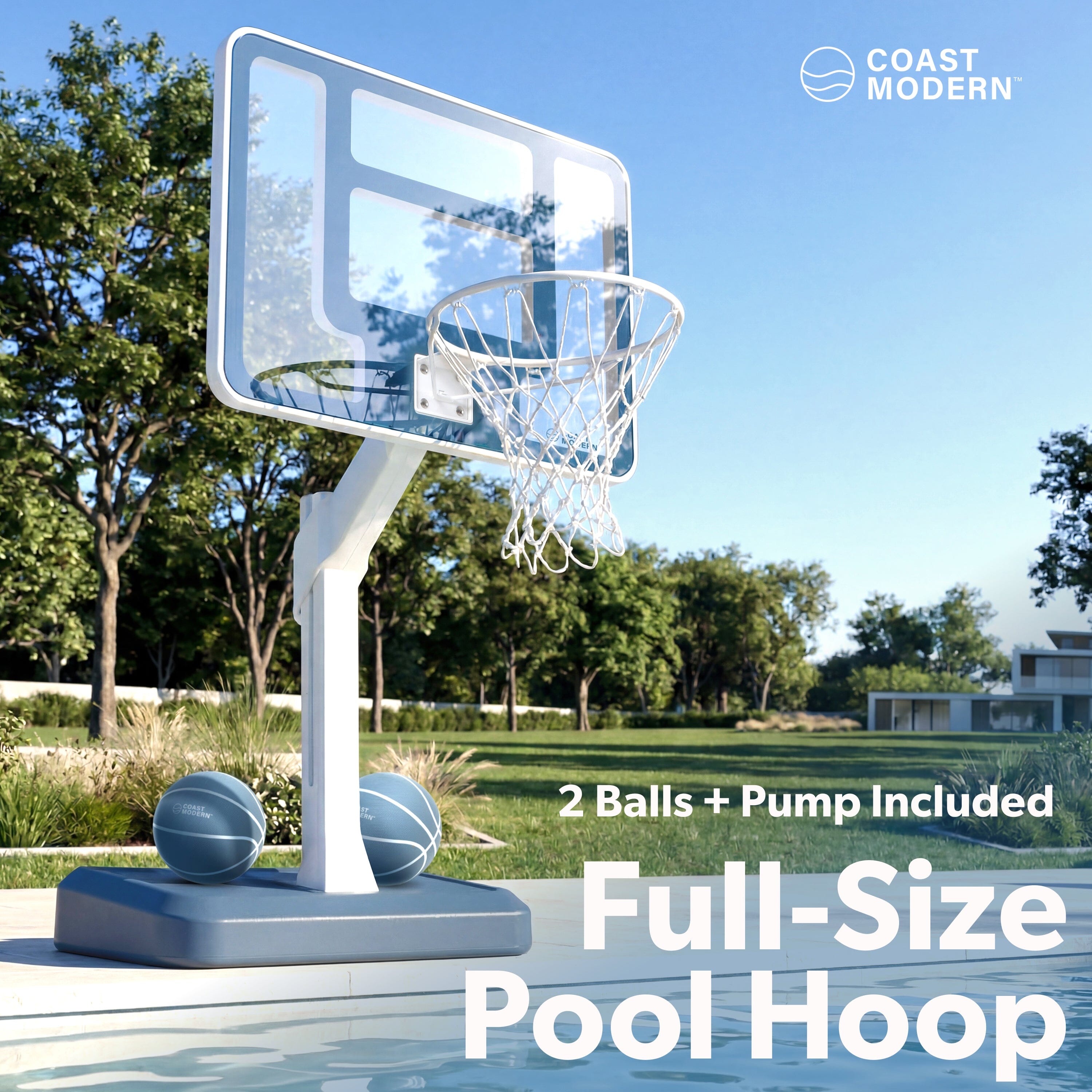 Coast Modern Pool Basketball Hoop with Adjustable Height - Poolside Basketball Hoop with Weighted Base, Premium Acrylic Backboard, & 18" Steel Rim Playgosports.com 
