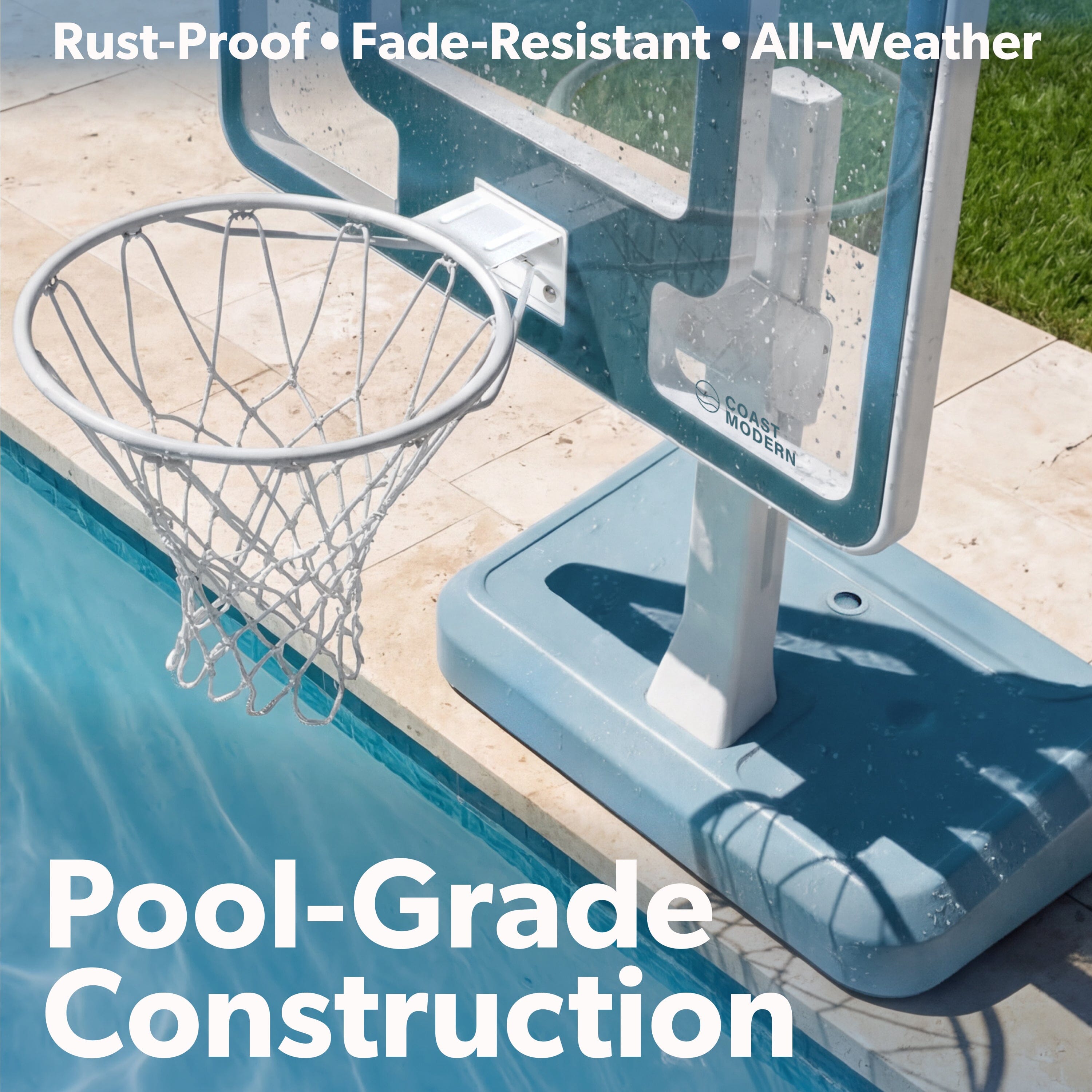 Coast Modern Pool Basketball Hoop with Adjustable Height - Poolside Basketball Hoop with Weighted Base, Premium Acrylic Backboard, & 18" Steel Rim Playgosports.com 