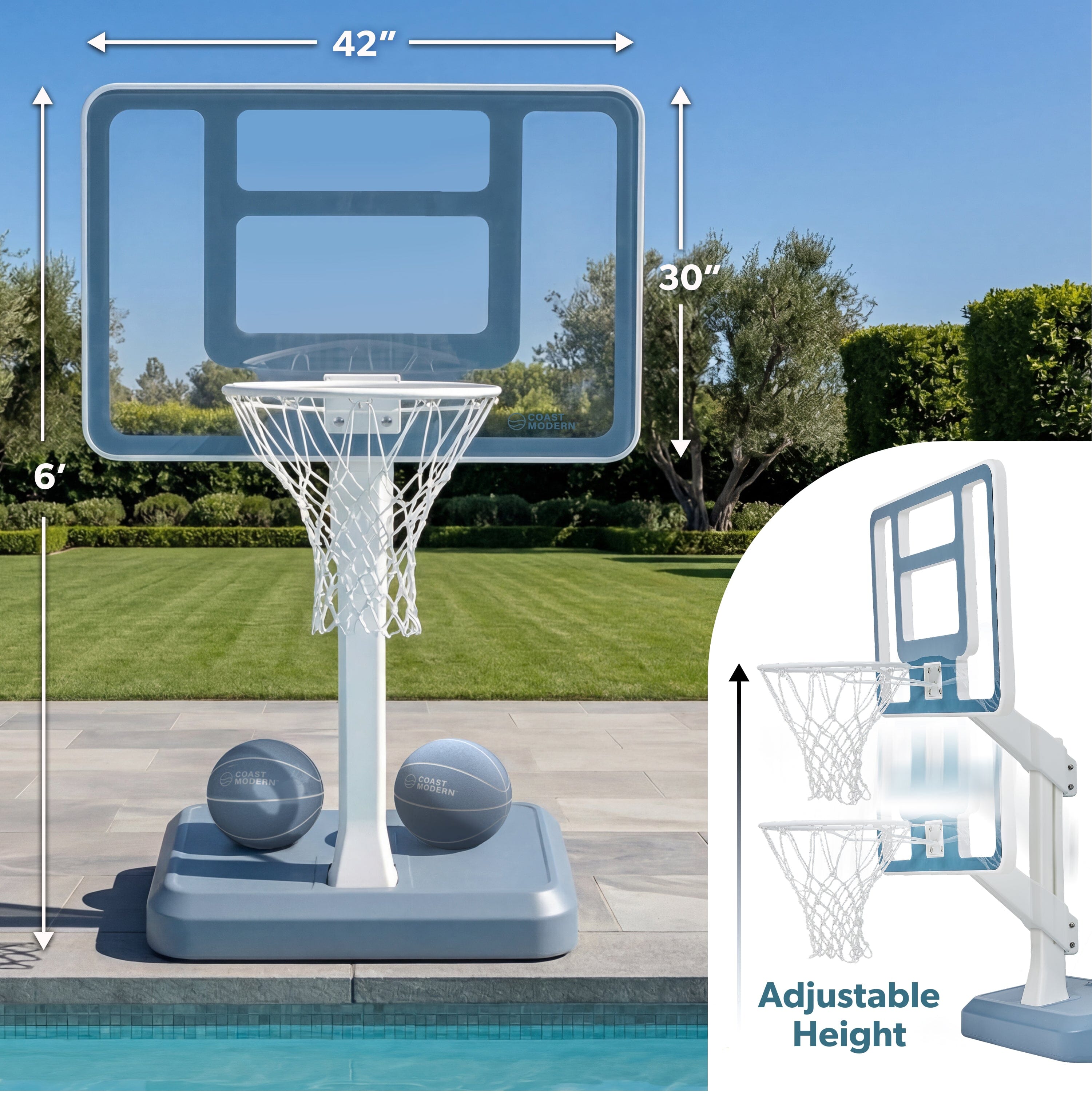 Coast Modern Pool Basketball Hoop with Adjustable Height - Poolside Basketball Hoop with Weighted Base, Premium Acrylic Backboard, & 18" Steel Rim Playgosports.com 