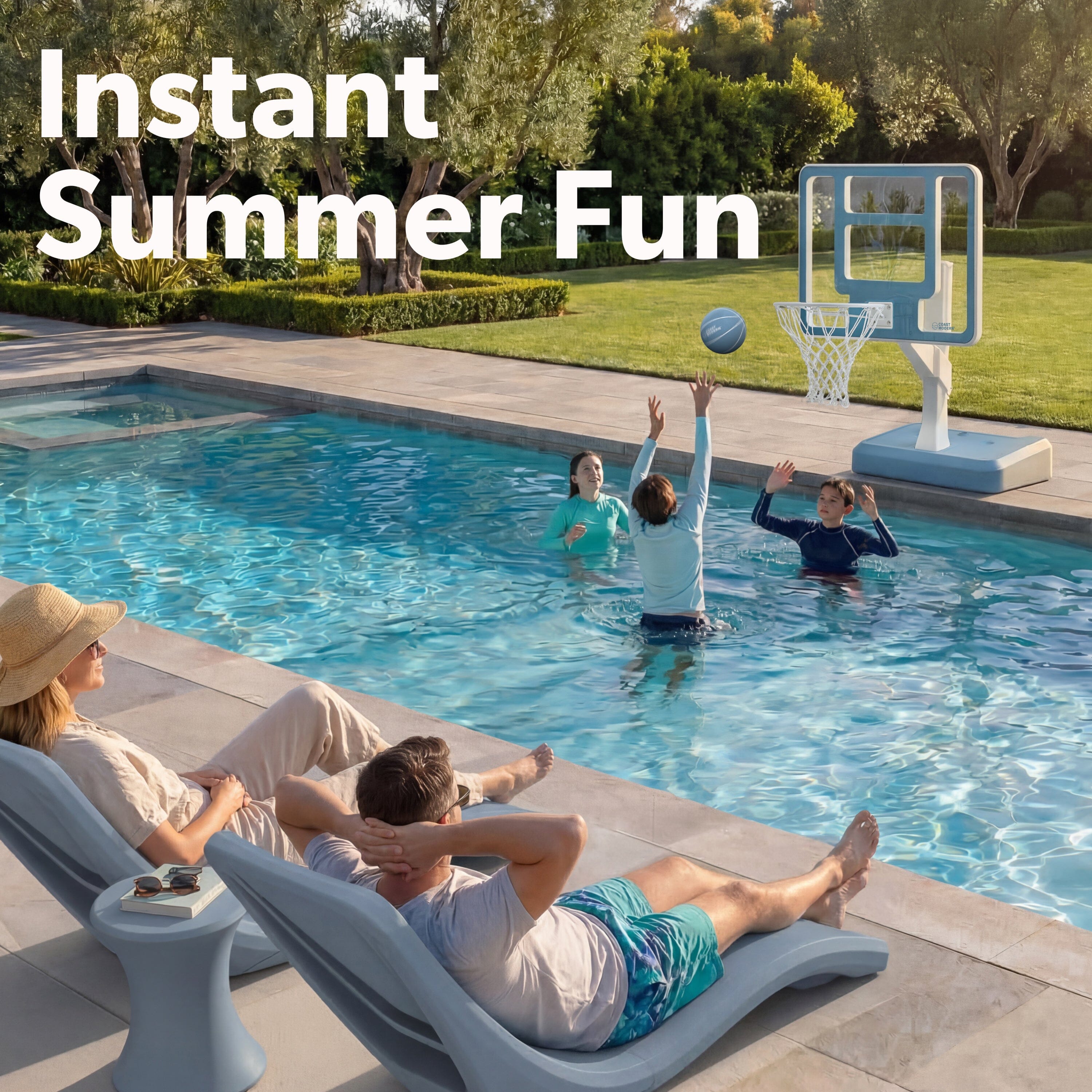 Coast Modern Pool Basketball Hoop with Adjustable Height - Poolside Basketball Hoop with Weighted Base, Premium Acrylic Backboard, & 18" Steel Rim Playgosports.com 
