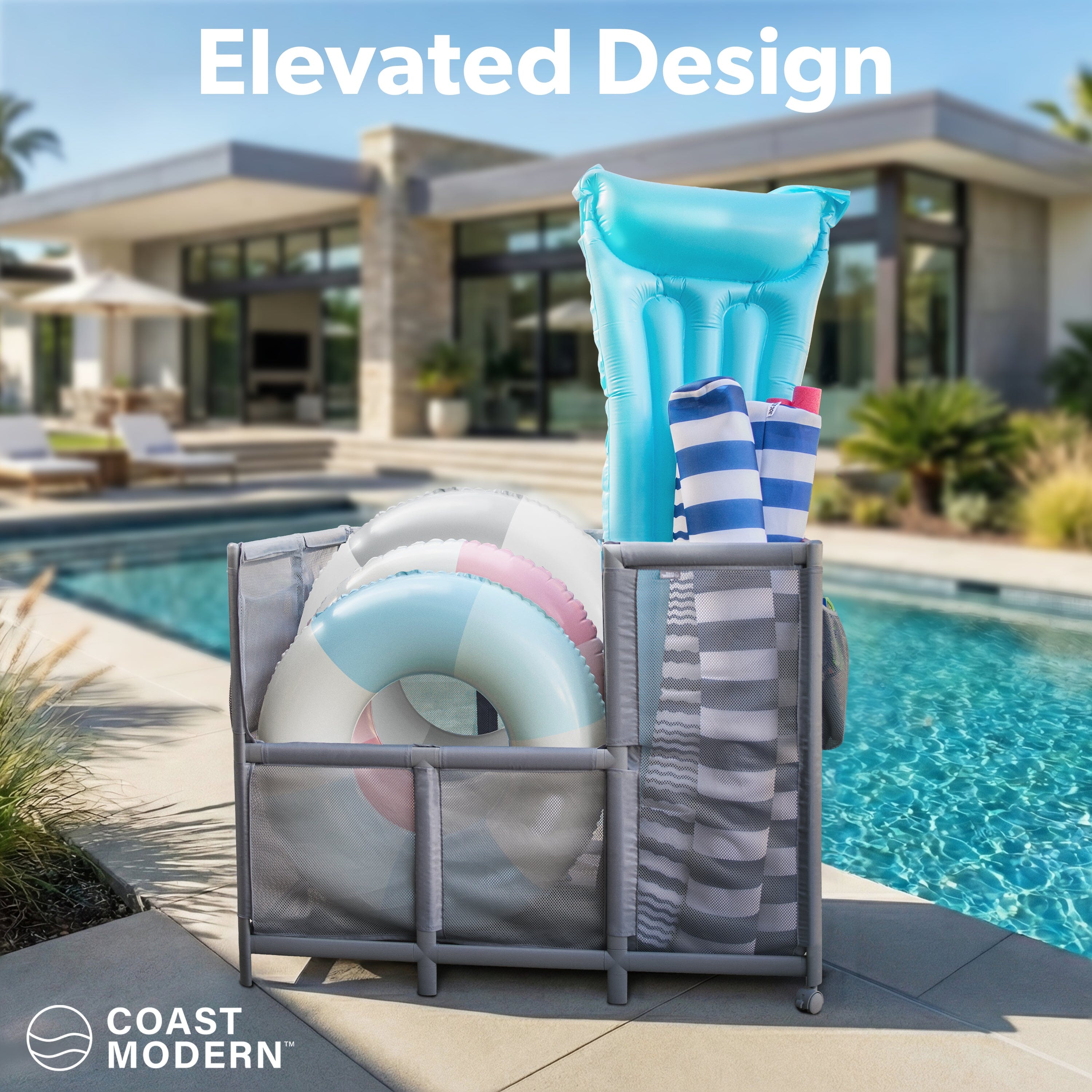 Coast Modern Pool Organizer for Floats and Toys - Extra Large Mesh Pool Storage Bin for Outdoors - Gray Playgosports 