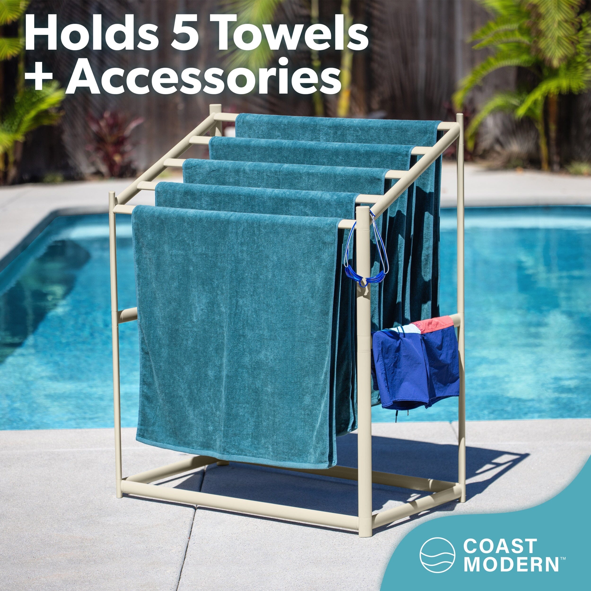 Coast Modern Pool Towel Rack – 5 Beach Towel PVC Drying Rack for Outdoor & Indoor Use - Sand PlayGoSports.com 