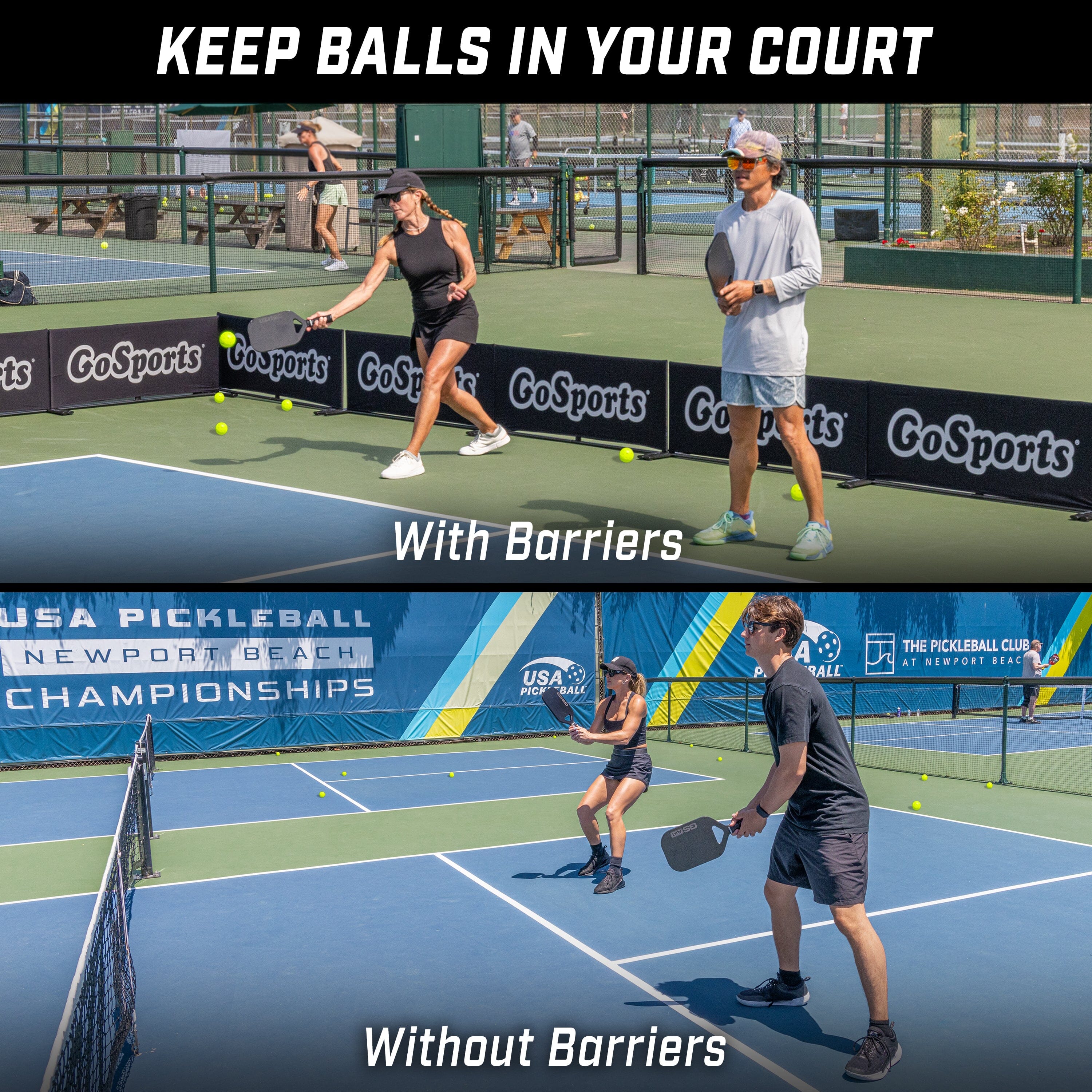 two pictures of a man and a woman playing pickleball with barriers and without barriers