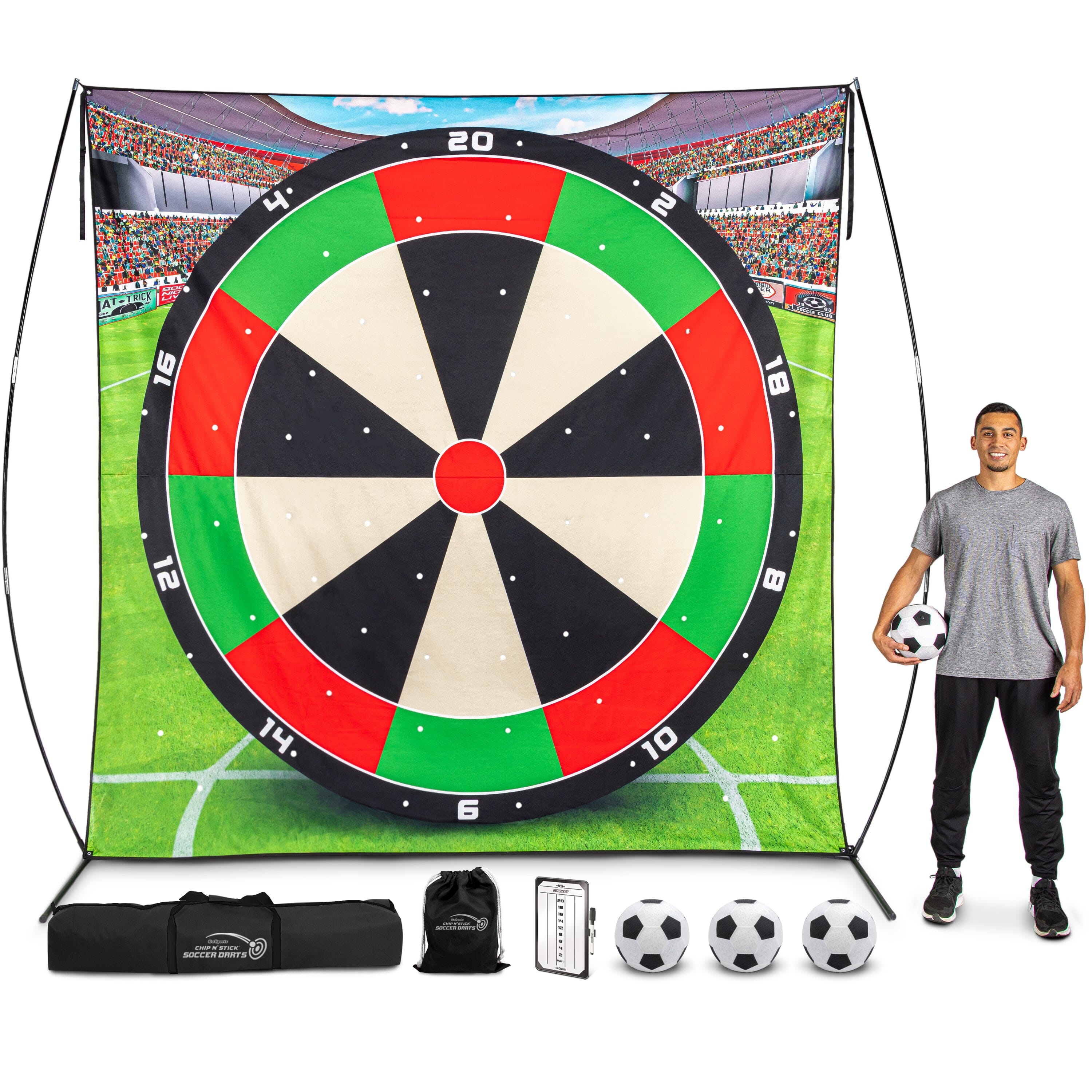 a man standing next to a dart and a dart