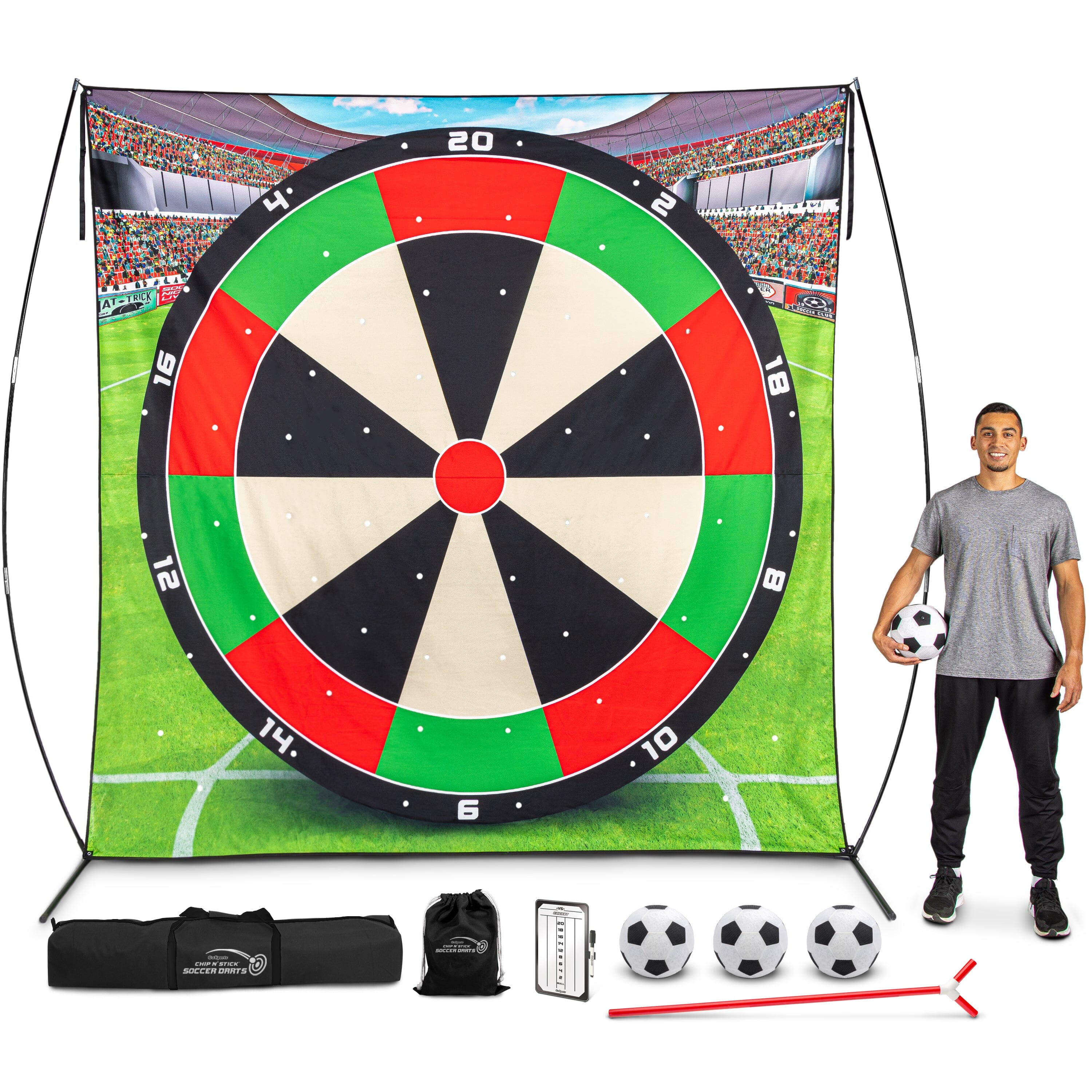 a man standing next to a dart and darts