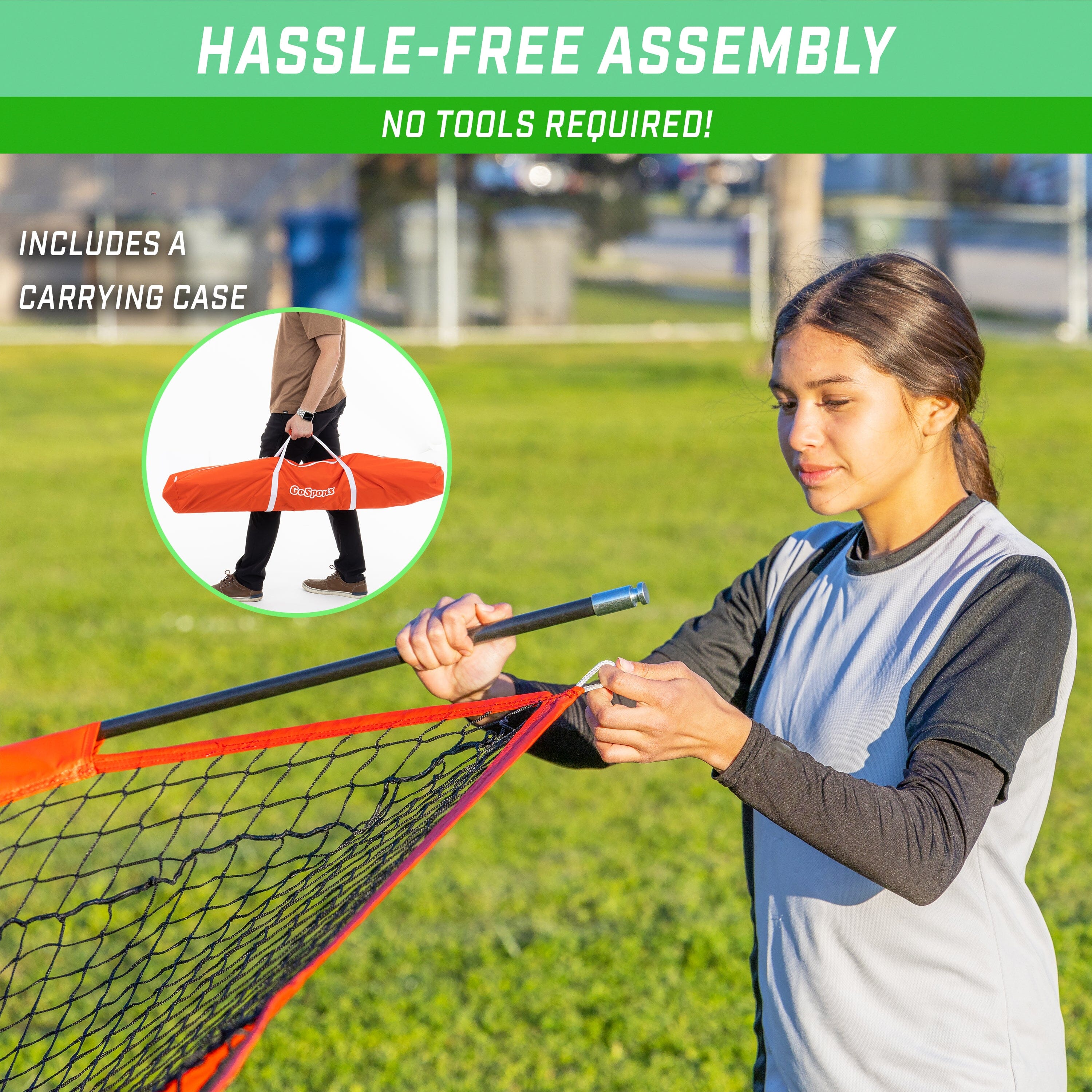 a woman is putting a tennis ball into a net