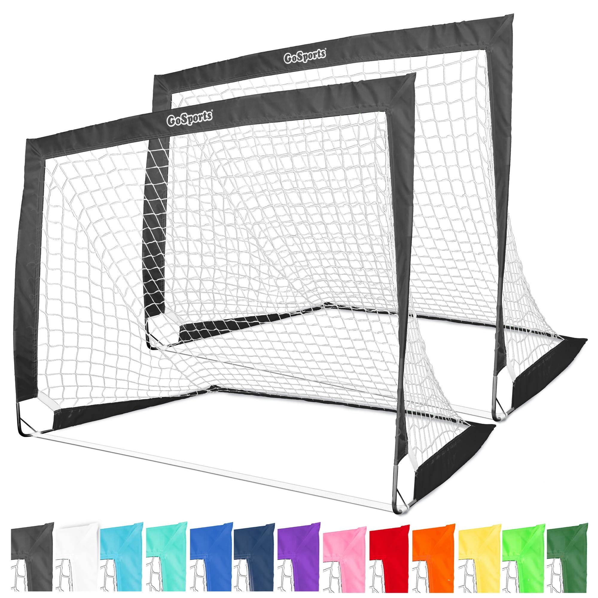 Two soccer goals with black trim and white net. 