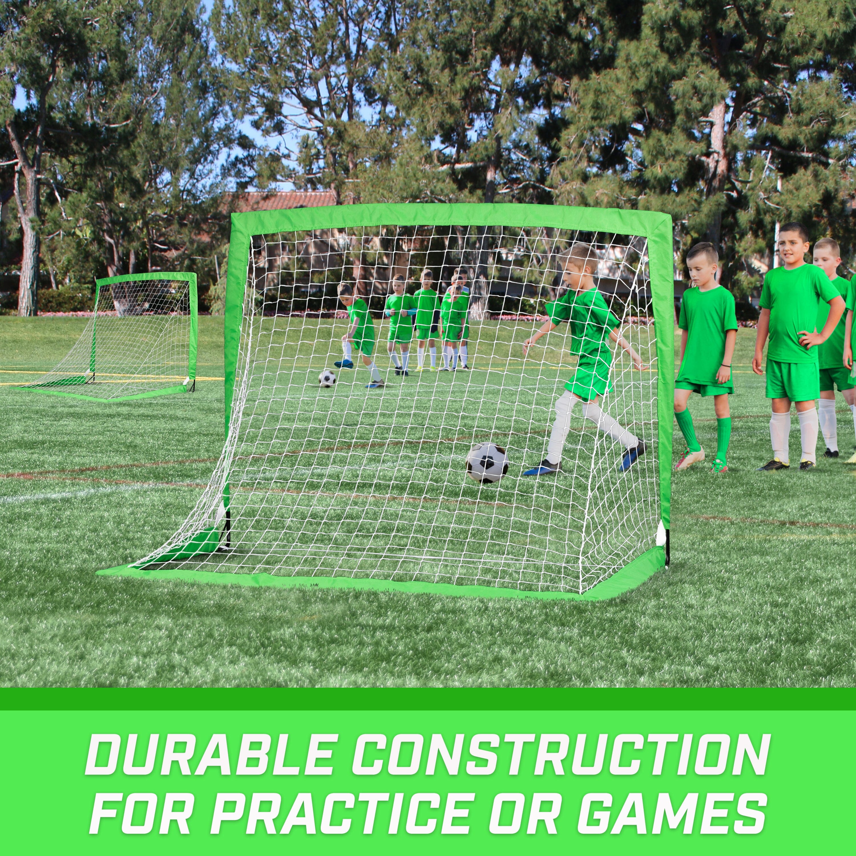 Children playing soccer on a grass field with a green goal net, surrounded by trees, and text 'Durable Construction for Practice or Games'