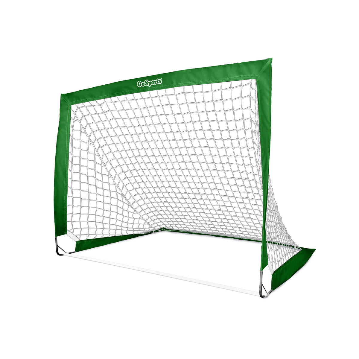 Dark green GoSports Team Tone portable soccer goal for kids with white net & white base bar on a white background