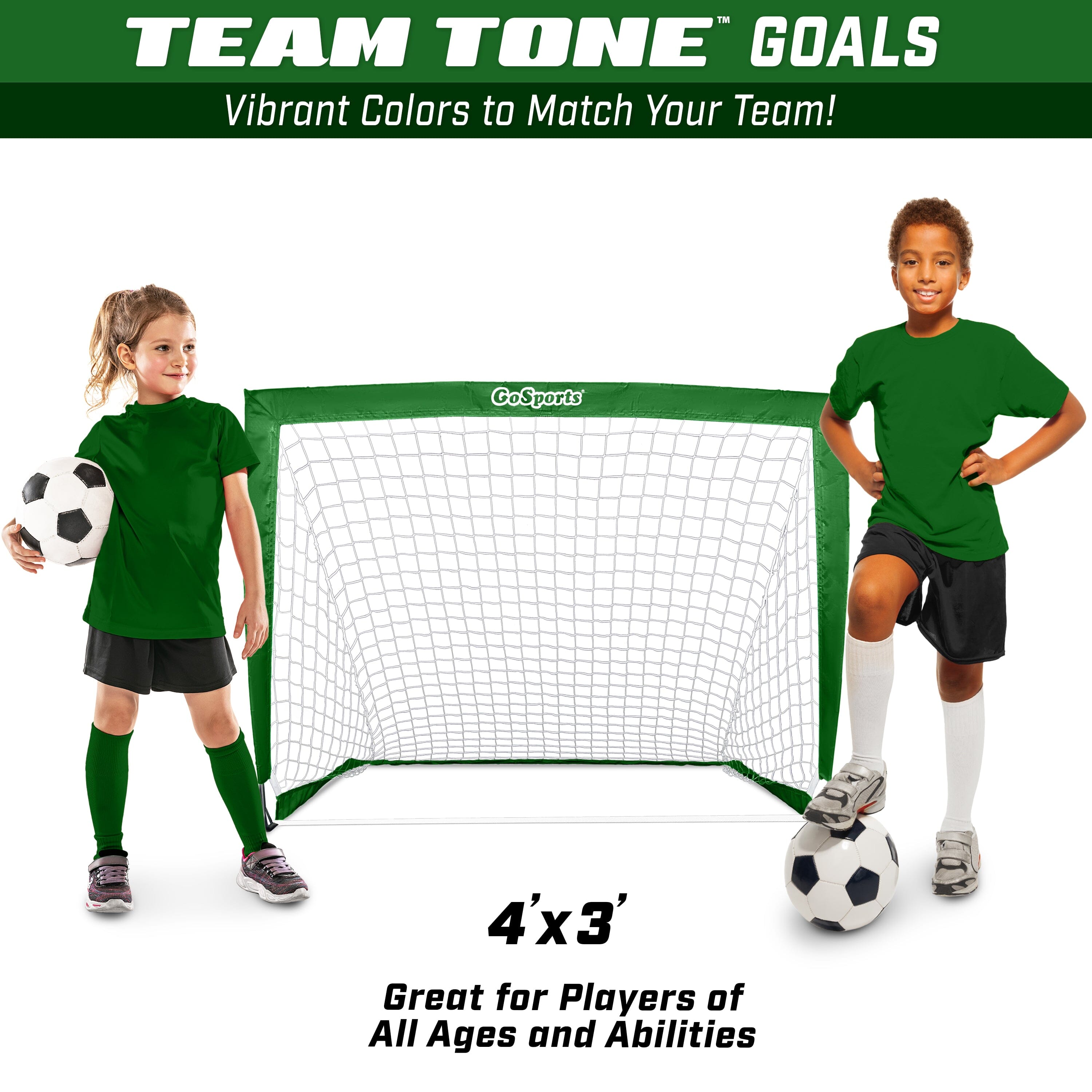 Two children in green shirts standing on either side of a soccer goal with text about Team Tone goals.
