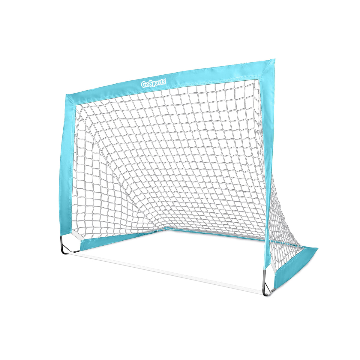 Light blue GoSports Team Tone pop-up soccer goal for kids with white net, angled view on a white background