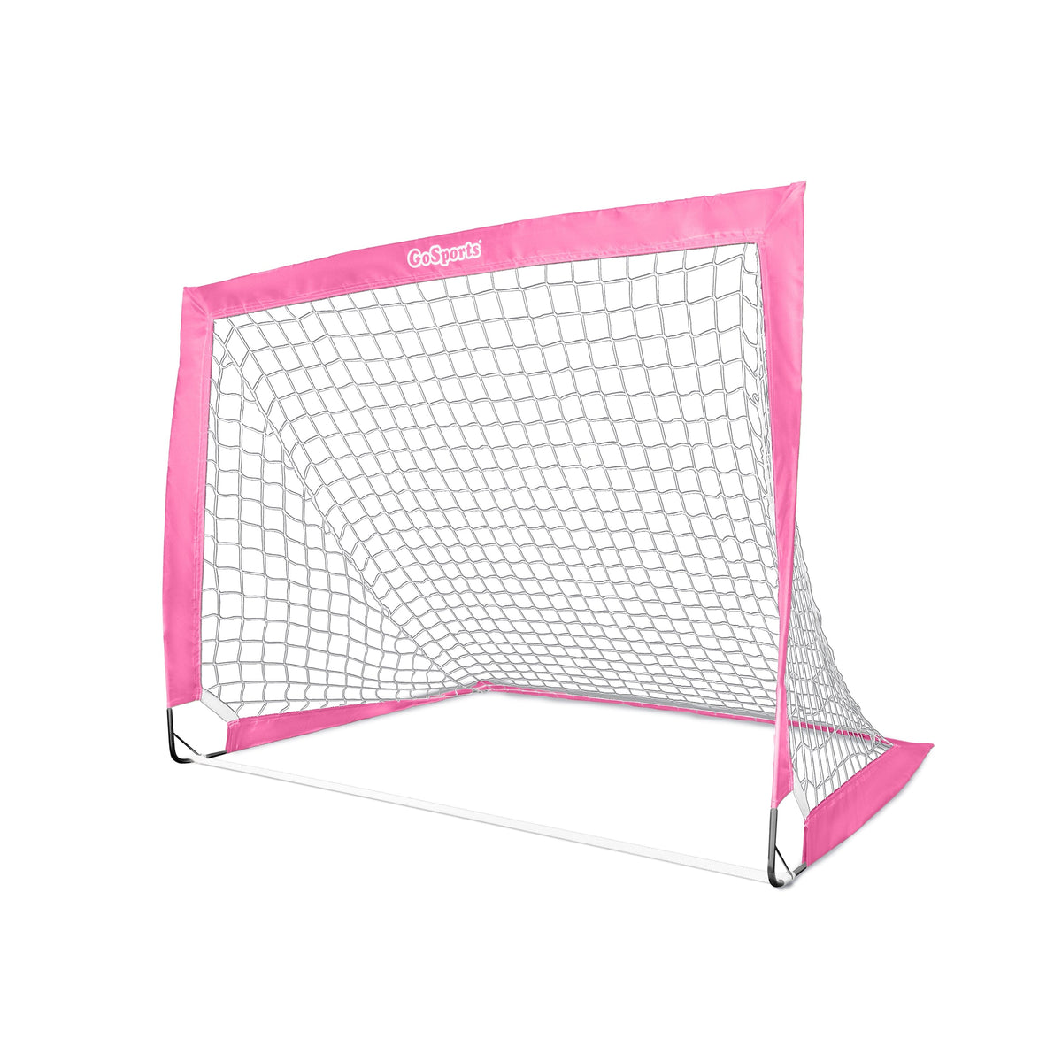 Pink GoSports Team Tone pop-up soccer goal for kids with white net, angled view on a white background