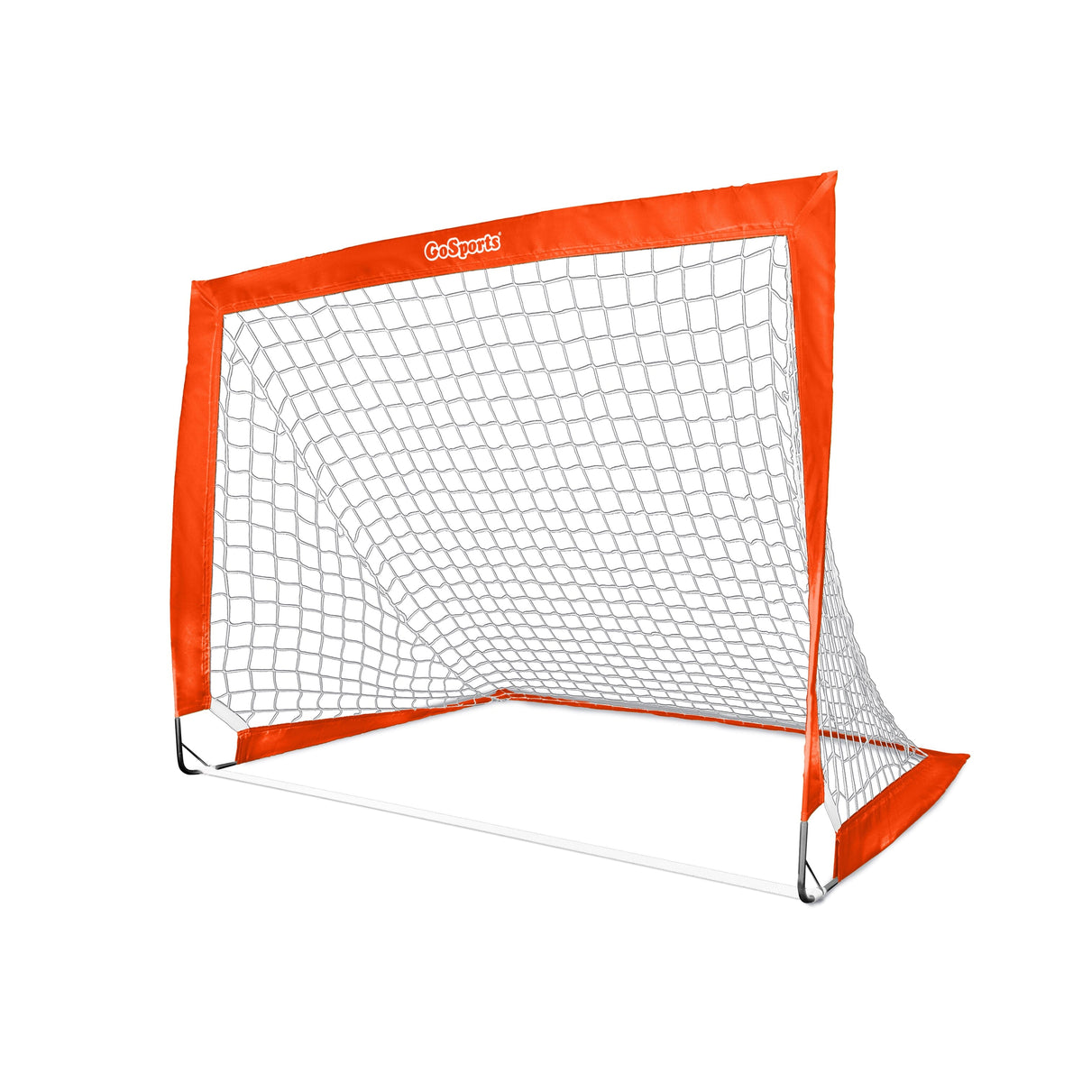 Red GoSports Team Tone pop-up soccer goal for kids with white net, angled view on a white background