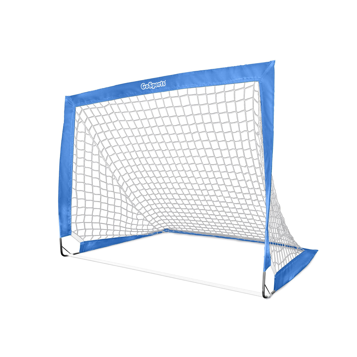 Royal blue GoSports Team Tone pop-up soccer goal for kids with white net, angled view on a white background
