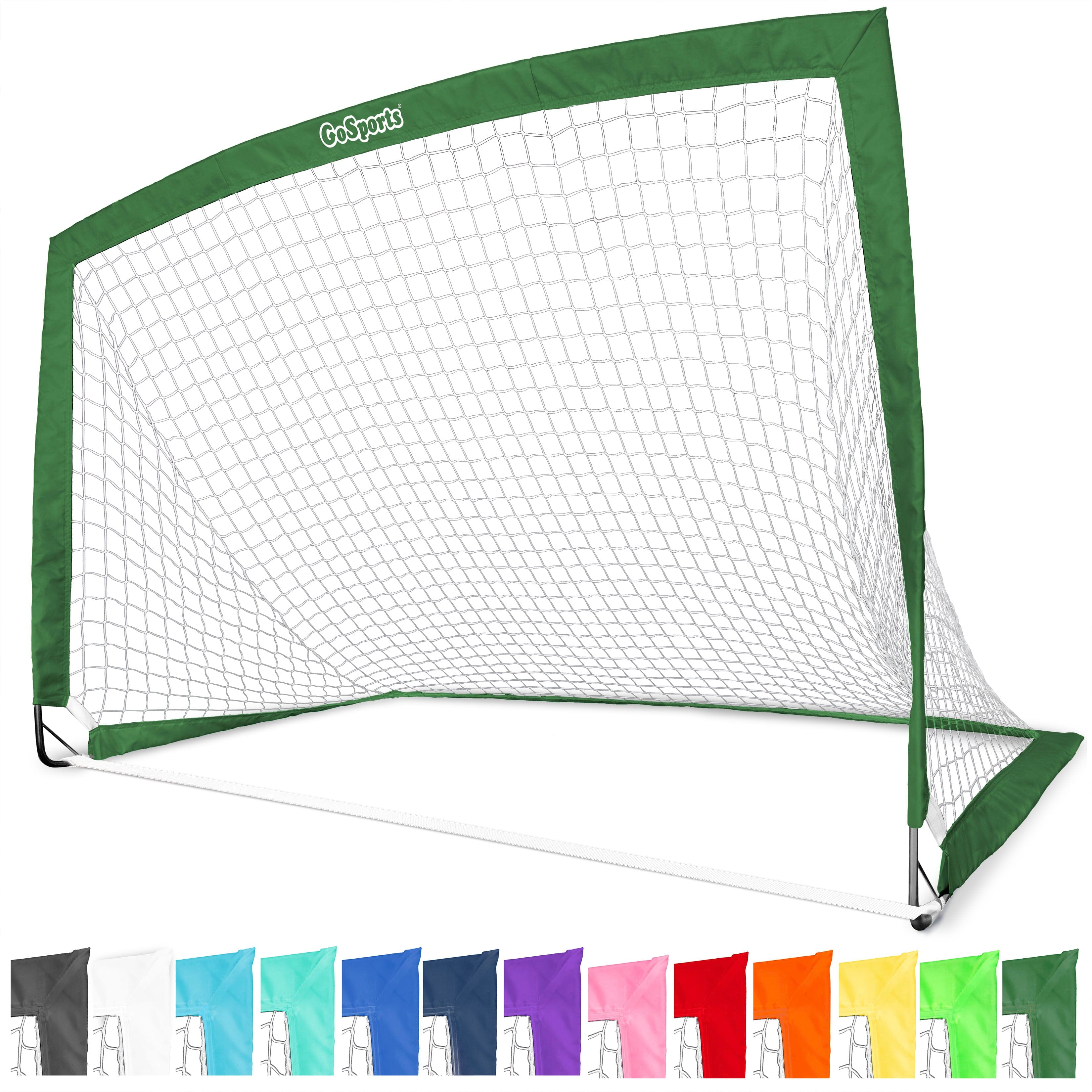 a soccer goal with a green net and six different colors