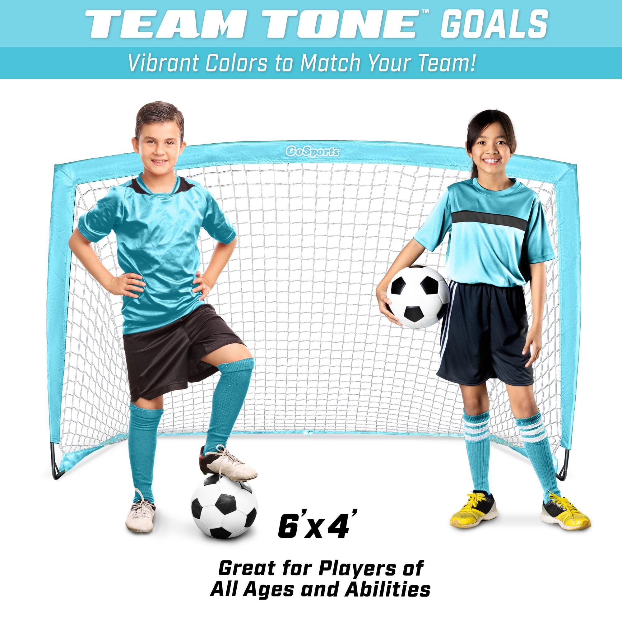 a boy and girl in soccer uniforms with the text team one goal