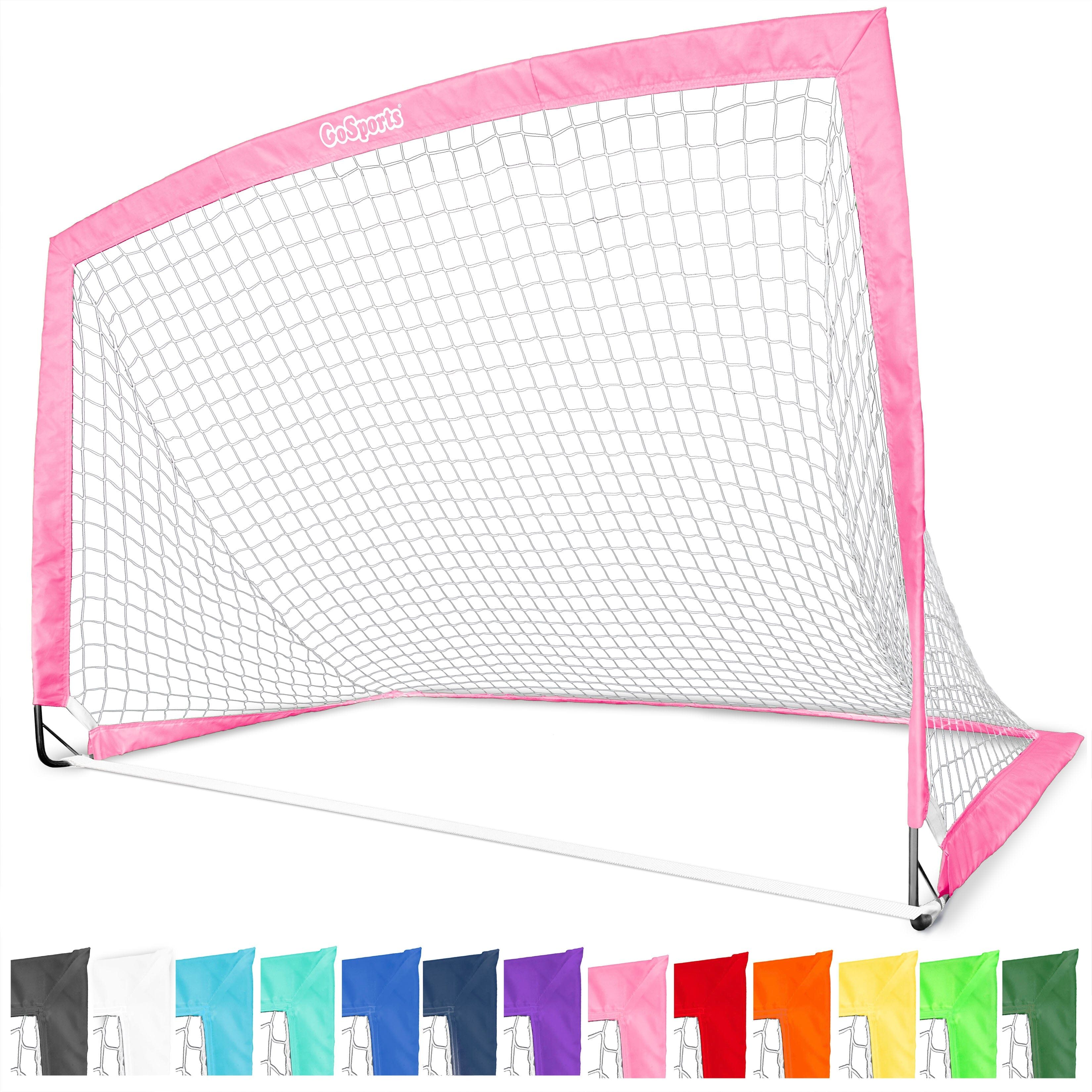 a soccer goal with a pink net and a white net