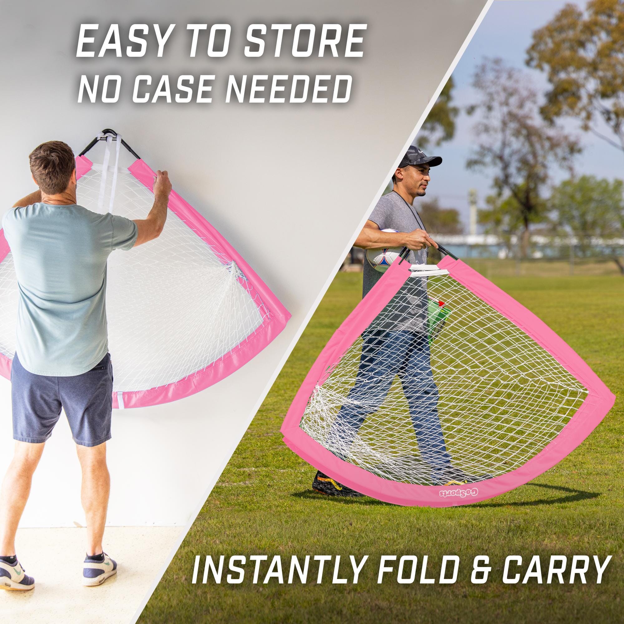 a man is holding a net and a pink net