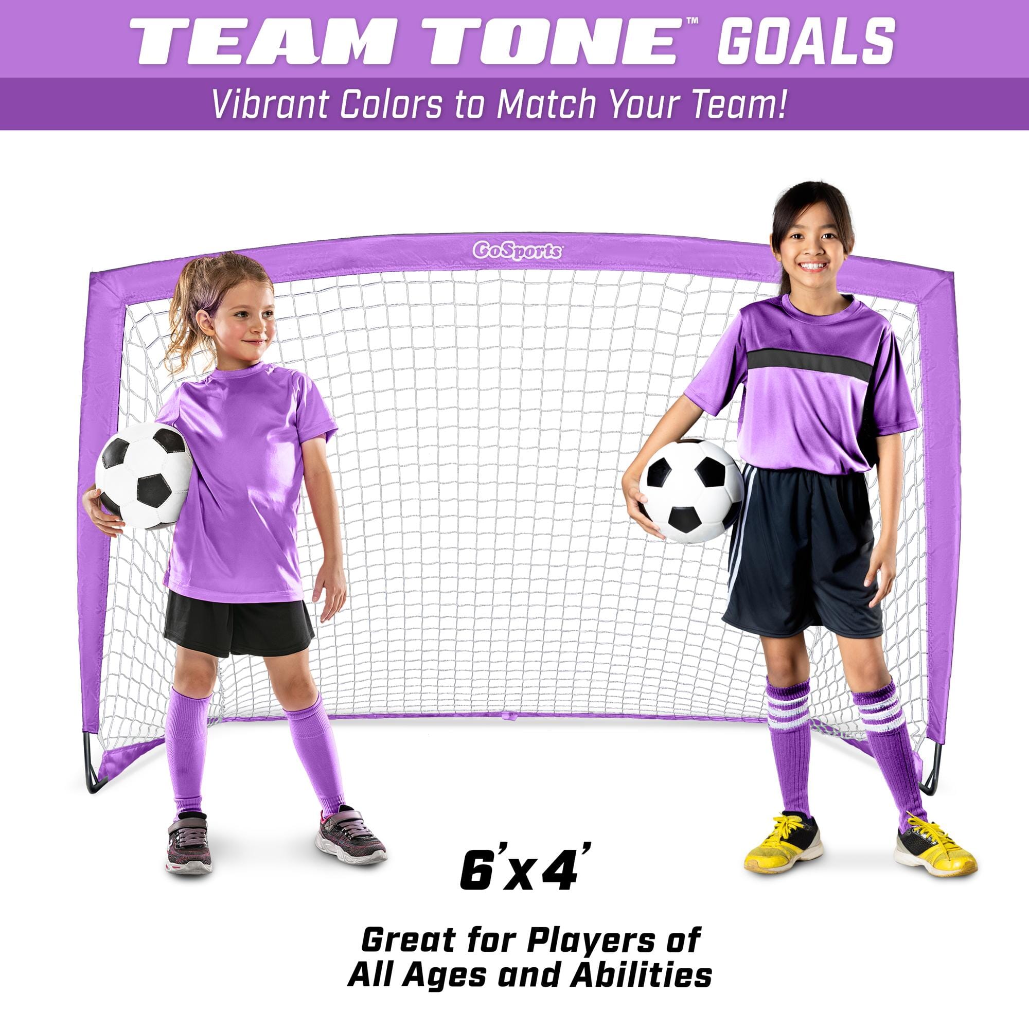 a girl in a purple soccer uniform and a girl in a black soccer uniform