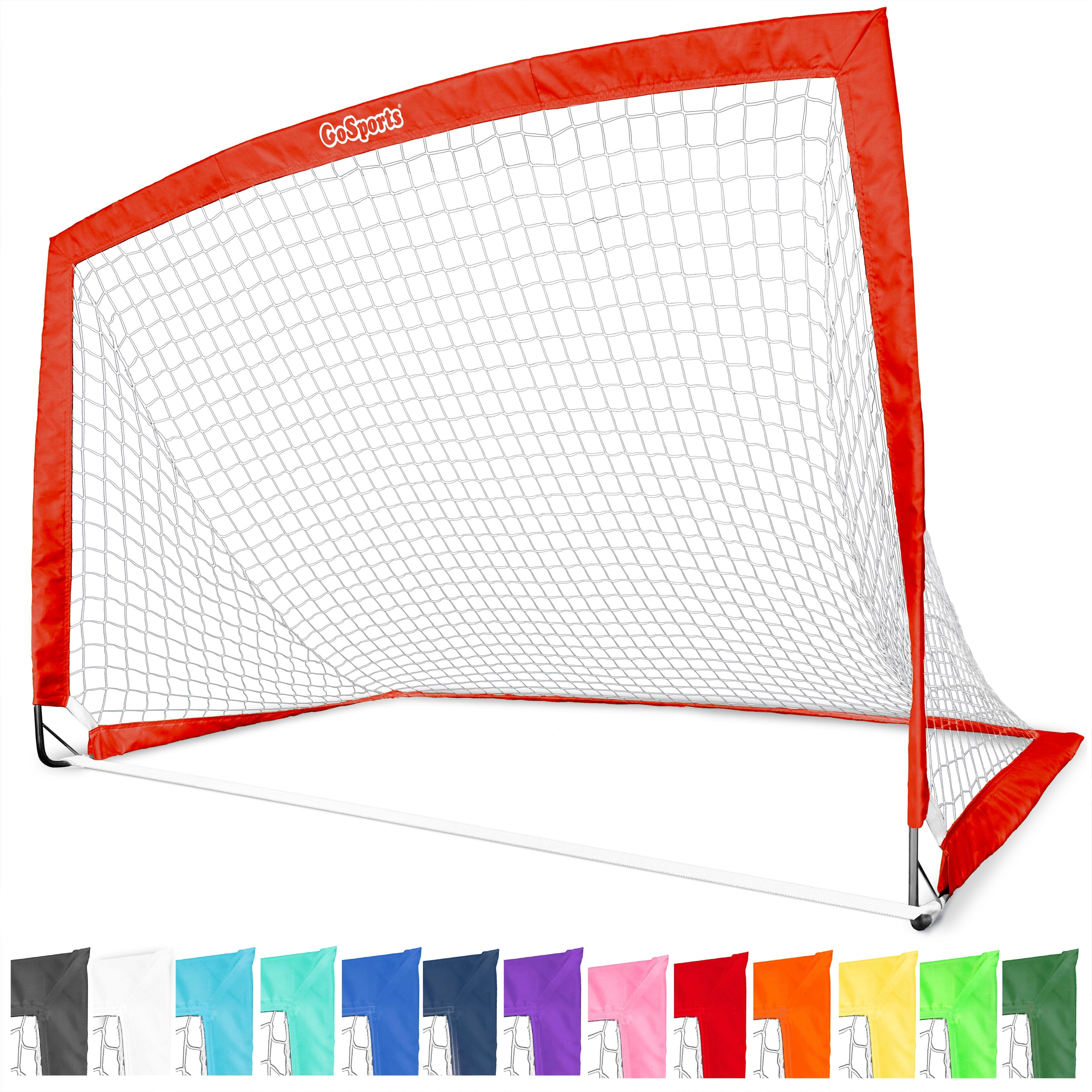 a soccer goal with a red net and a white net