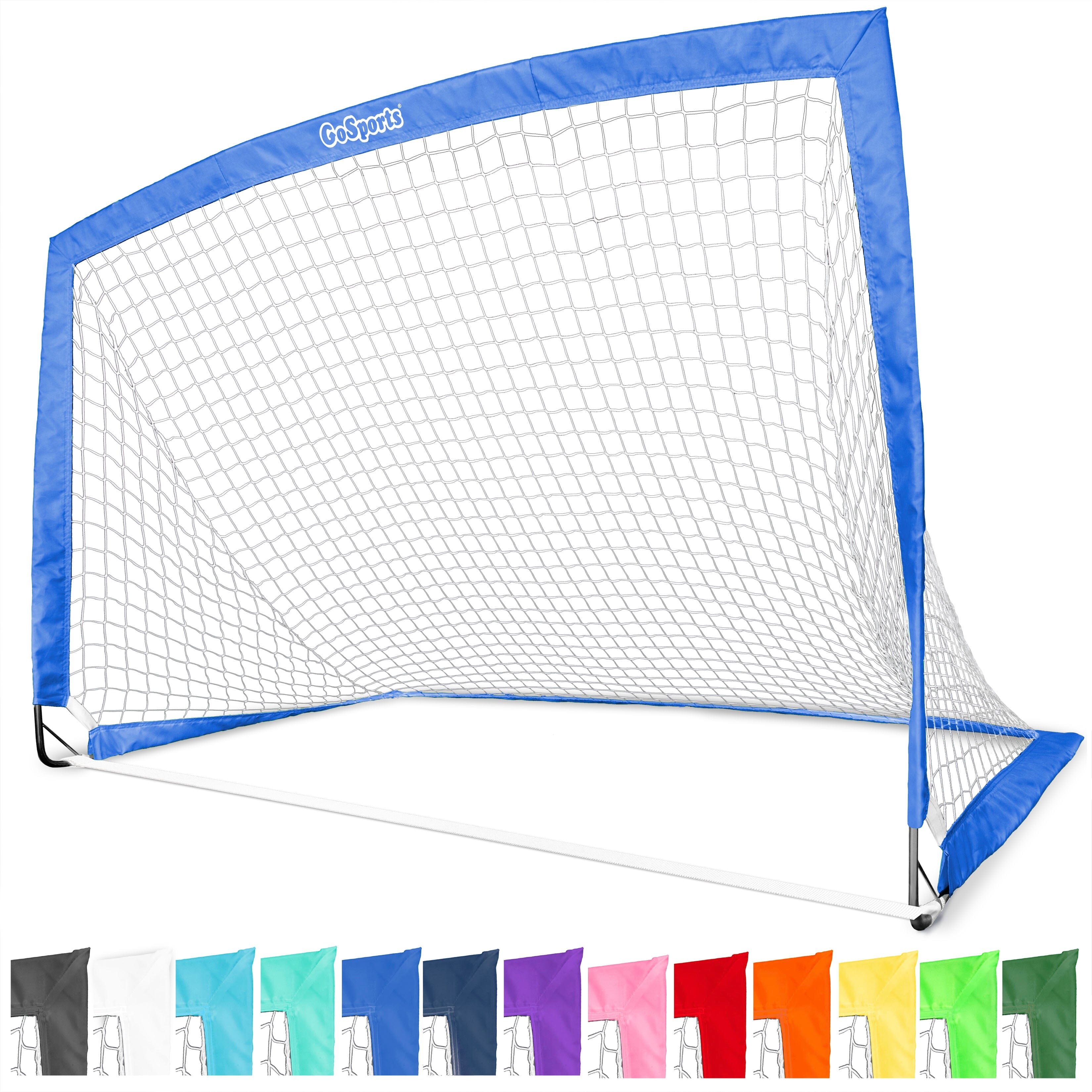 a soccer goal with a blue net and a white net