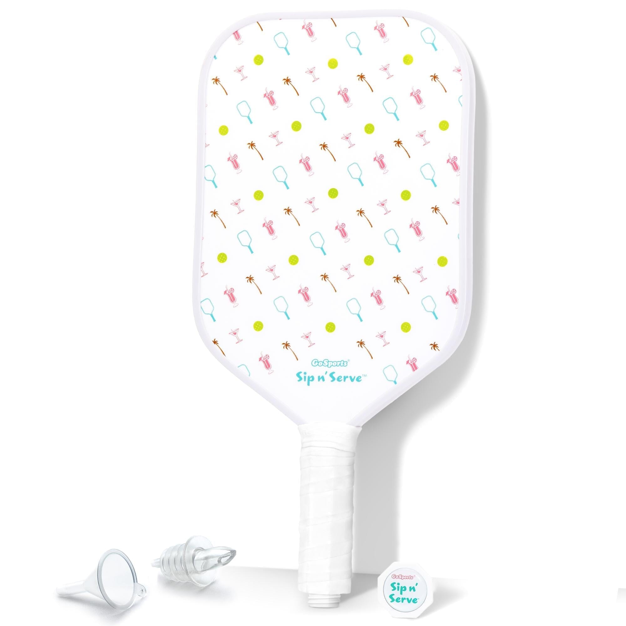 a white paddle with a pattern of tennis balls and a tennis racket