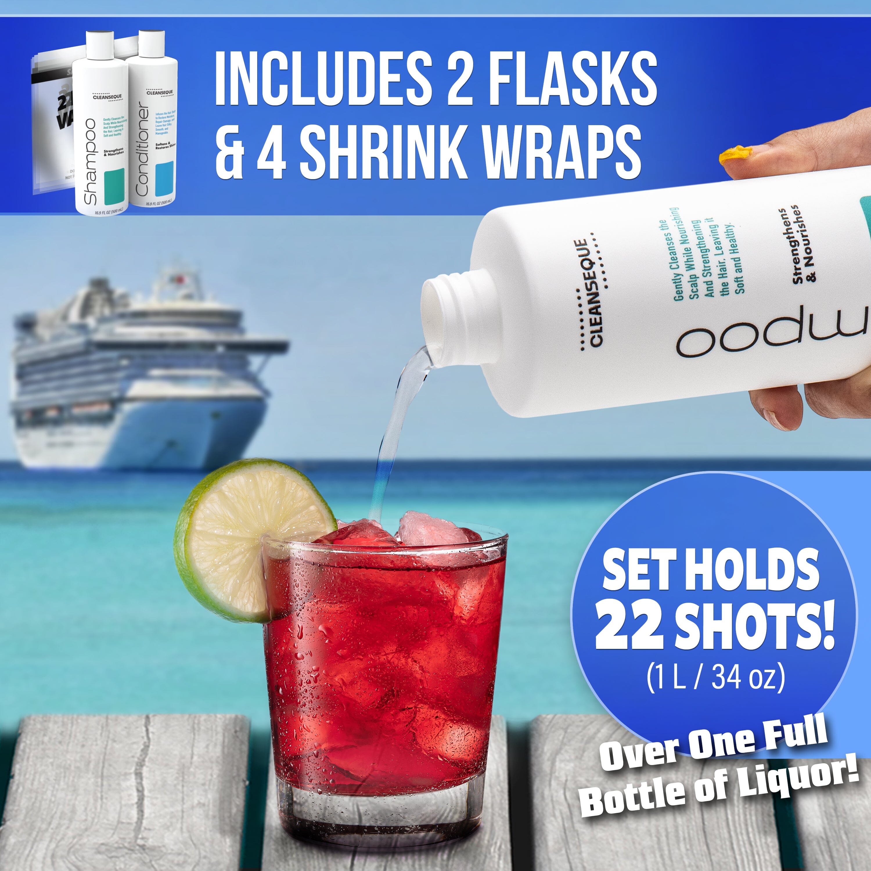 GoPong Shampoo Flasks 2 Pack (33 oz Total) - Hidden Alcohol Travel Flasks - Secret Liquor Containers for Cruises - Includes Funnel & Spout Playgosports.com 