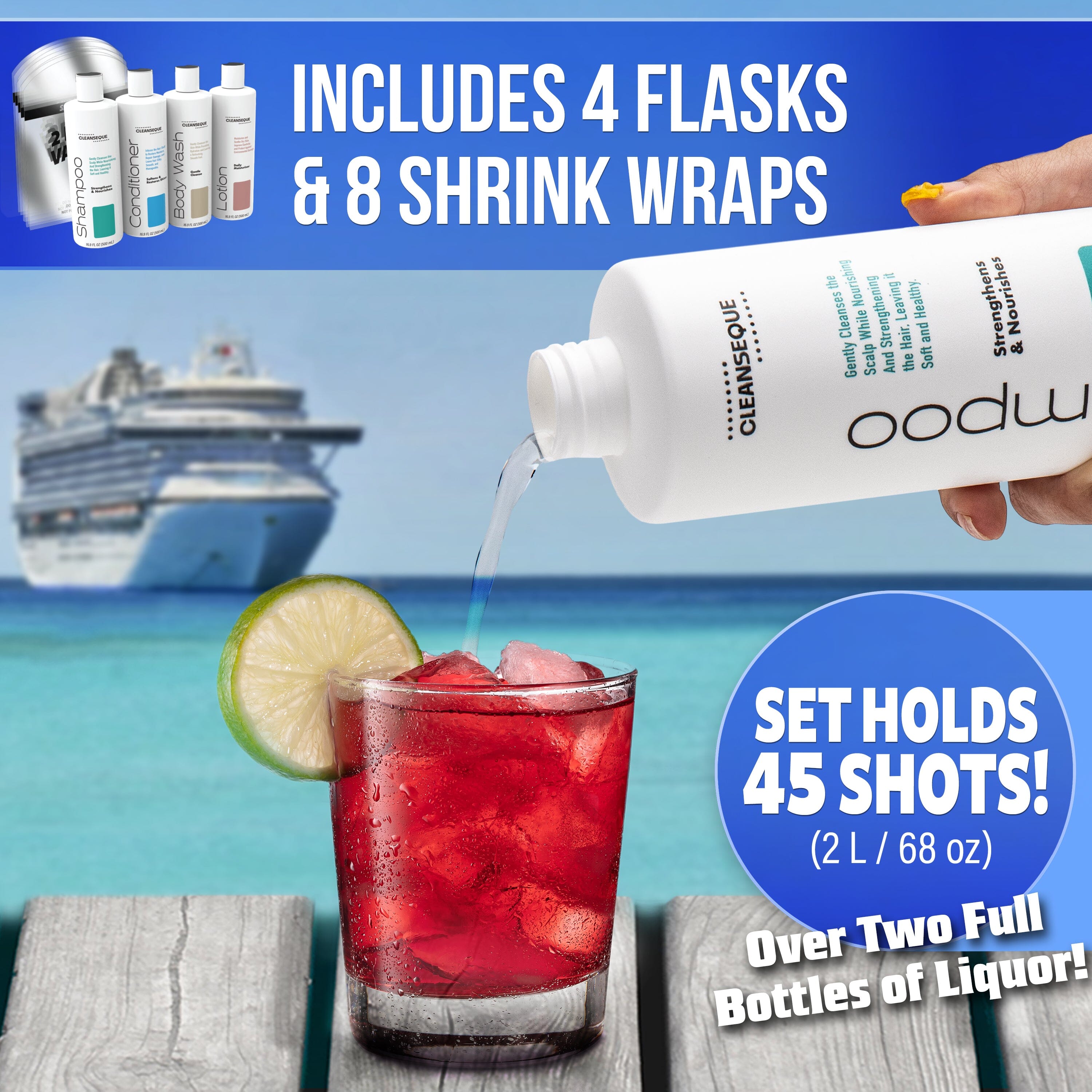 GoPong Bath & Body Flasks 4 Pack (68 oz Total) - Hidden Alcohol Travel Flasks - Secret Liquor Containers for Cruises - Includes Funnel & Spout Playgosports.com 