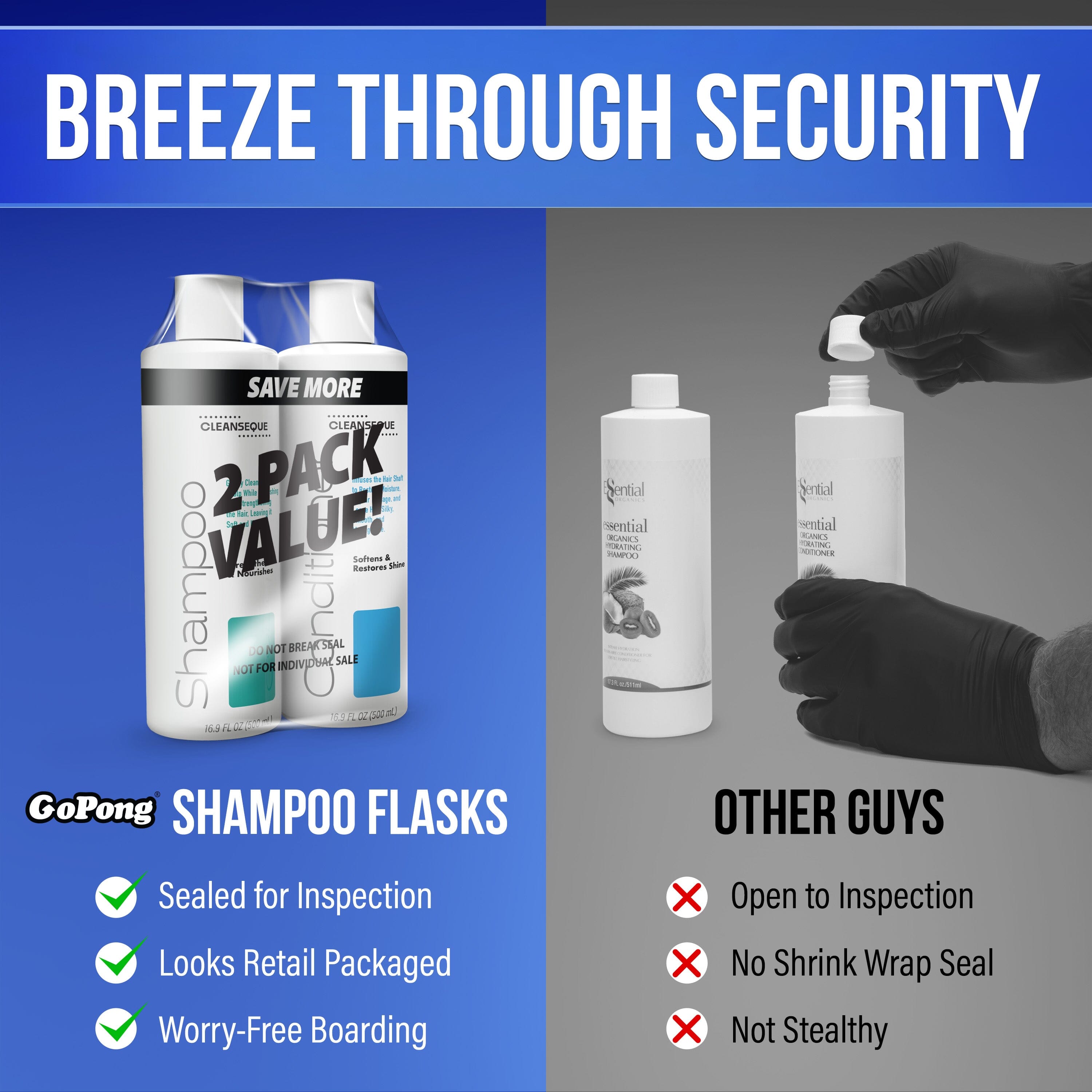 GoPong Shampoo Flasks 2 Pack (33 oz Total) - Hidden Alcohol Travel Flasks - Secret Liquor Containers for Cruises - Includes Funnel & Spout Playgosports.com 